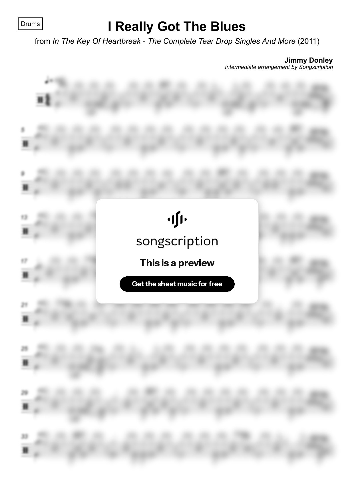 Intermediate Drums Sheet Music for "I Really Got The Blues" by Jimmy Donley