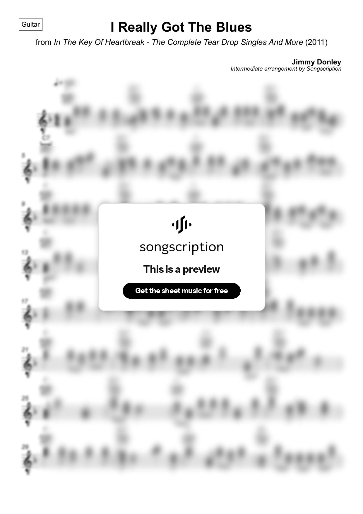 Intermediate Acoustic Guitar Sheet Music for "I Really Got The Blues" by Jimmy Donley