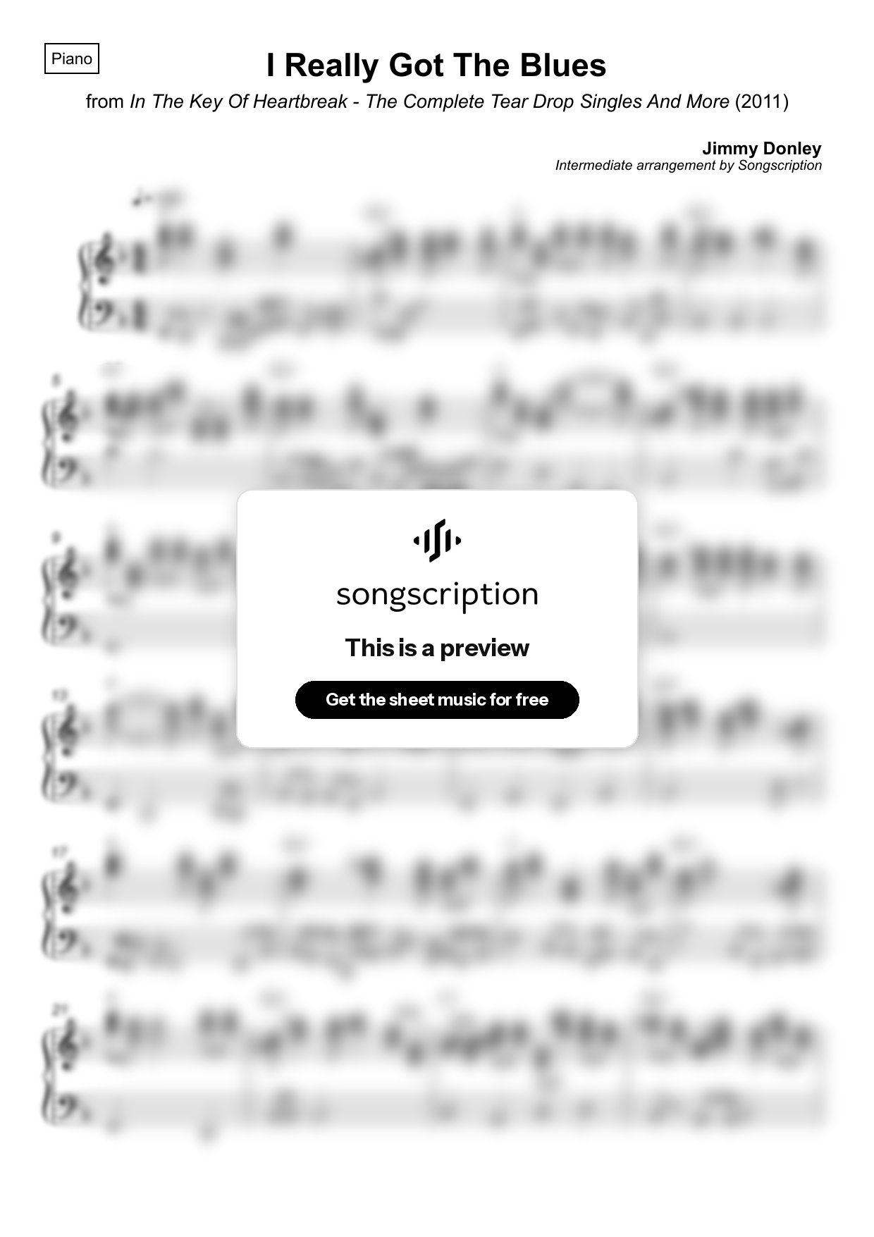 Intermediate Piano Sheet Music for "I Really Got The Blues" by Jimmy Donley