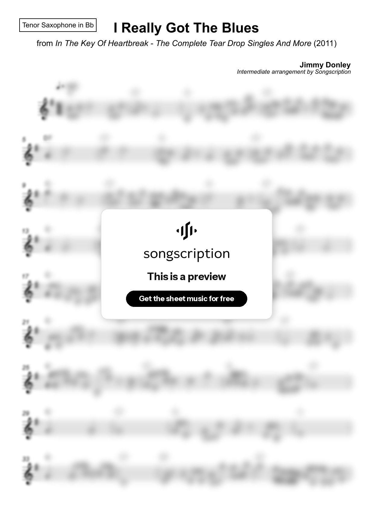 Intermediate Tenor Sax Sheet Music for "I Really Got The Blues" by Jimmy Donley