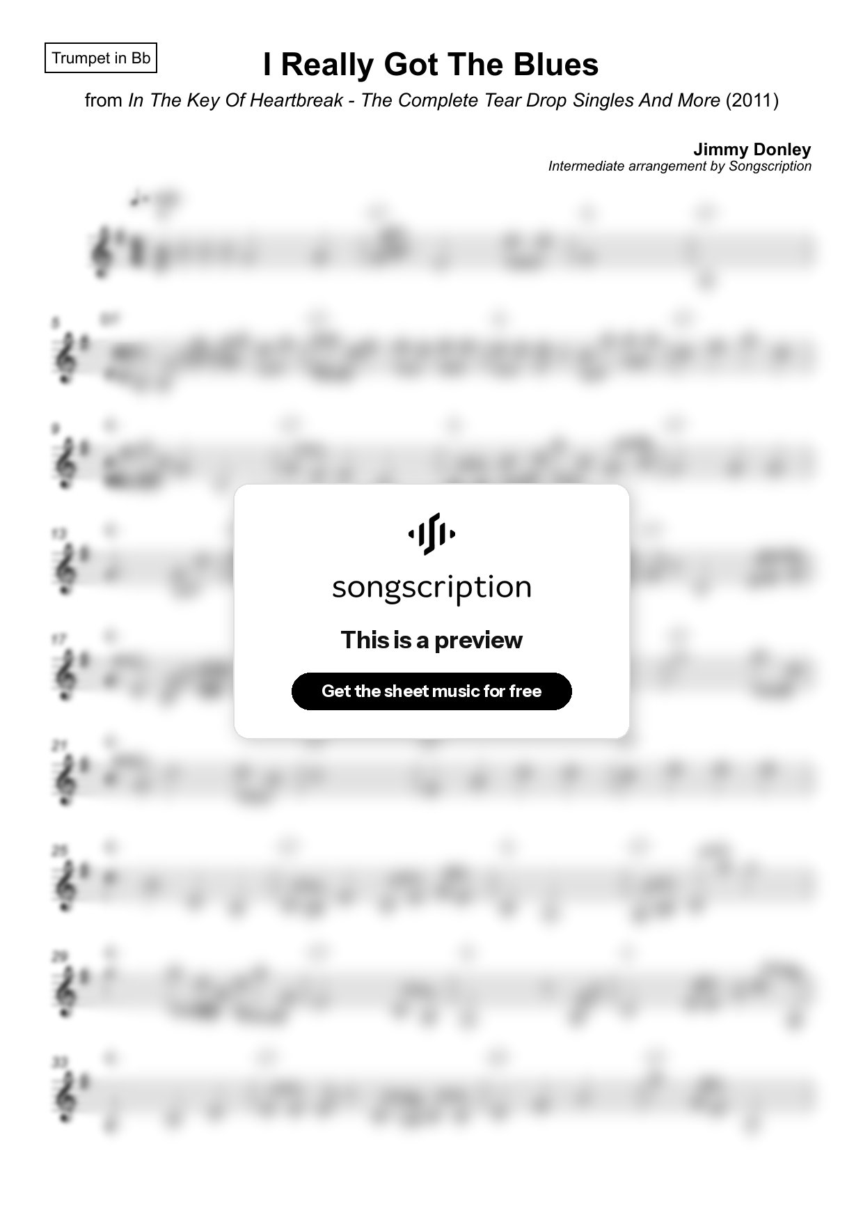 Intermediate Trumpet Sheet Music for "I Really Got The Blues" by Jimmy Donley