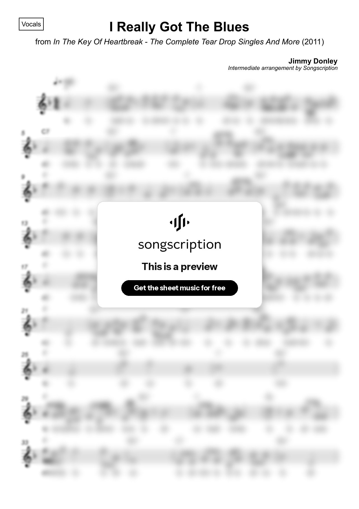 Intermediate Vocals Sheet Music for "I Really Got The Blues" by Jimmy Donley