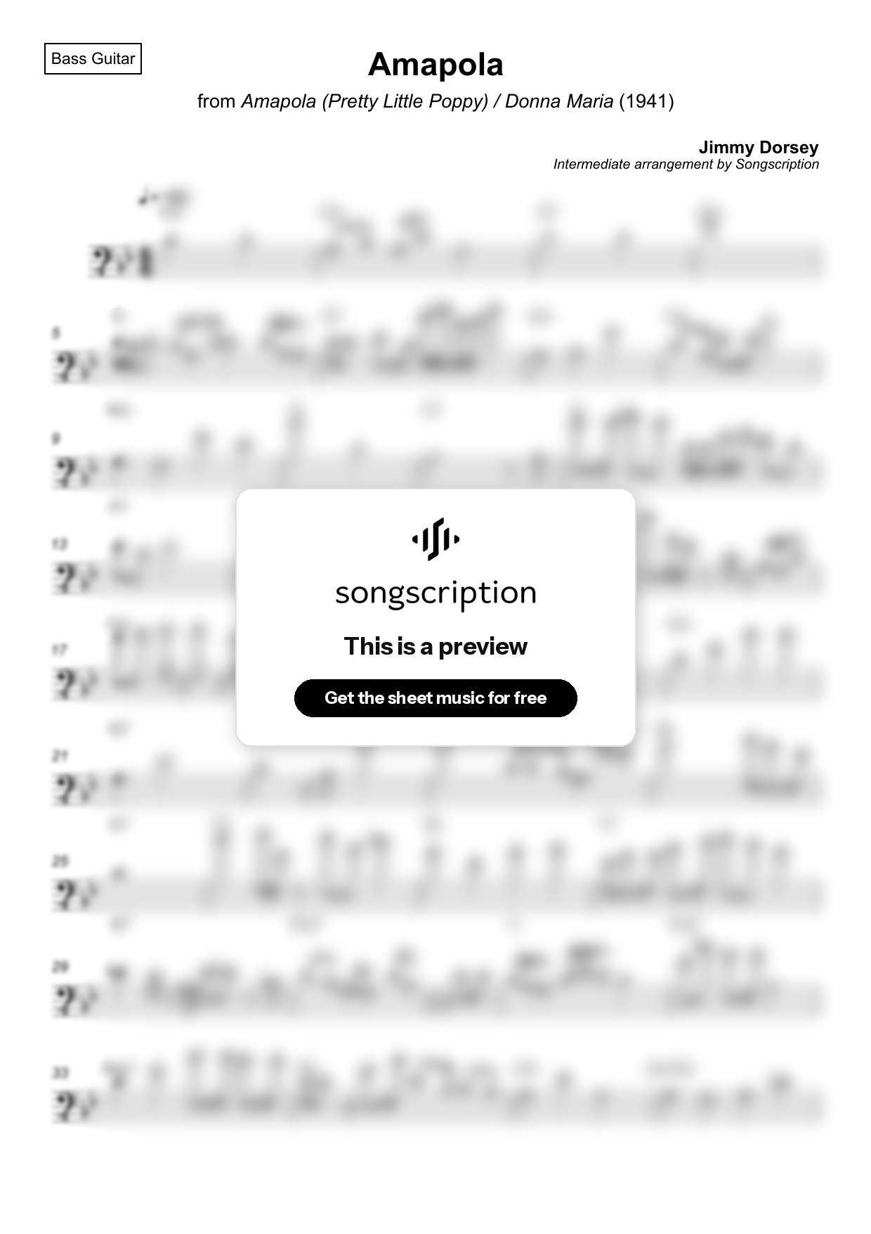 Intermediate Bass Guitar Sheet Music for "Amapola" by Jimmy Dorsey