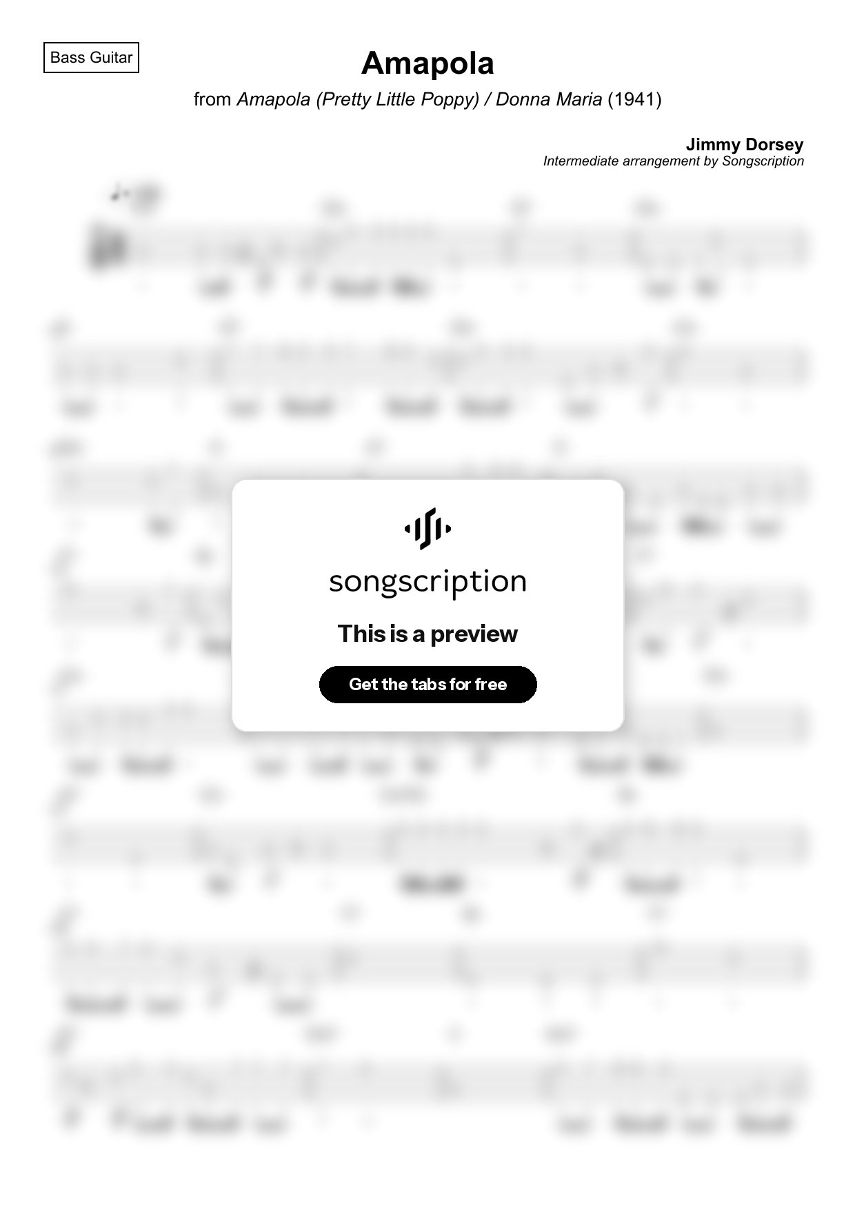 Intermediate Bass Guitar Tabs for "Amapola" by Jimmy Dorsey
