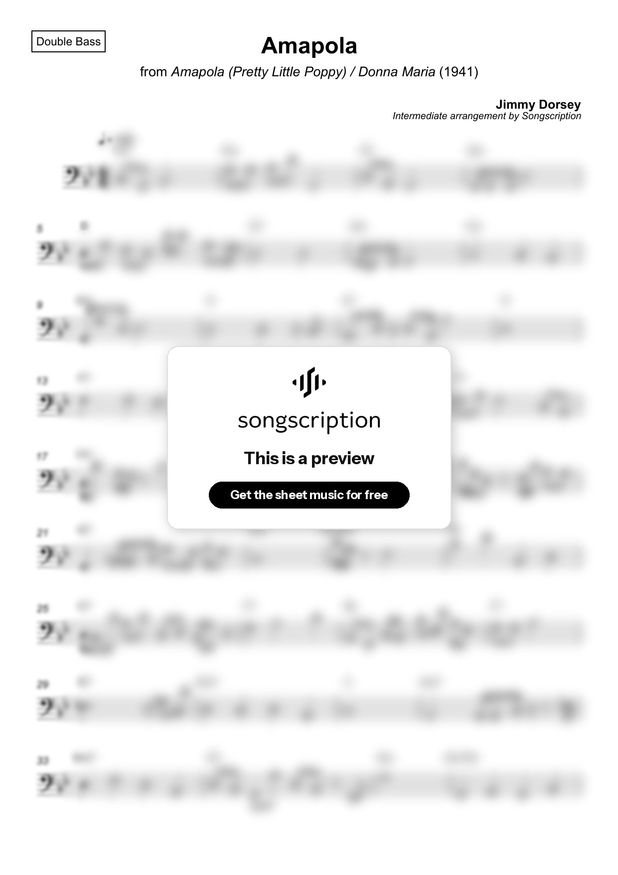 Intermediate Double Bass Sheet Music for "Amapola" by Jimmy Dorsey