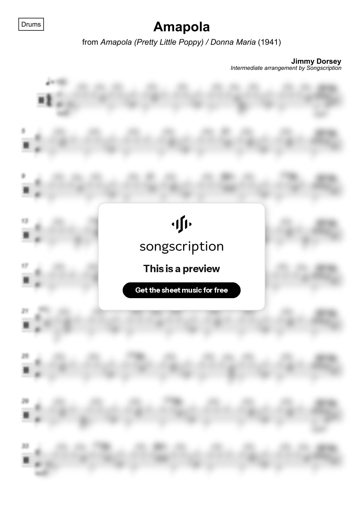 Intermediate Drums Sheet Music for "Amapola" by Jimmy Dorsey
