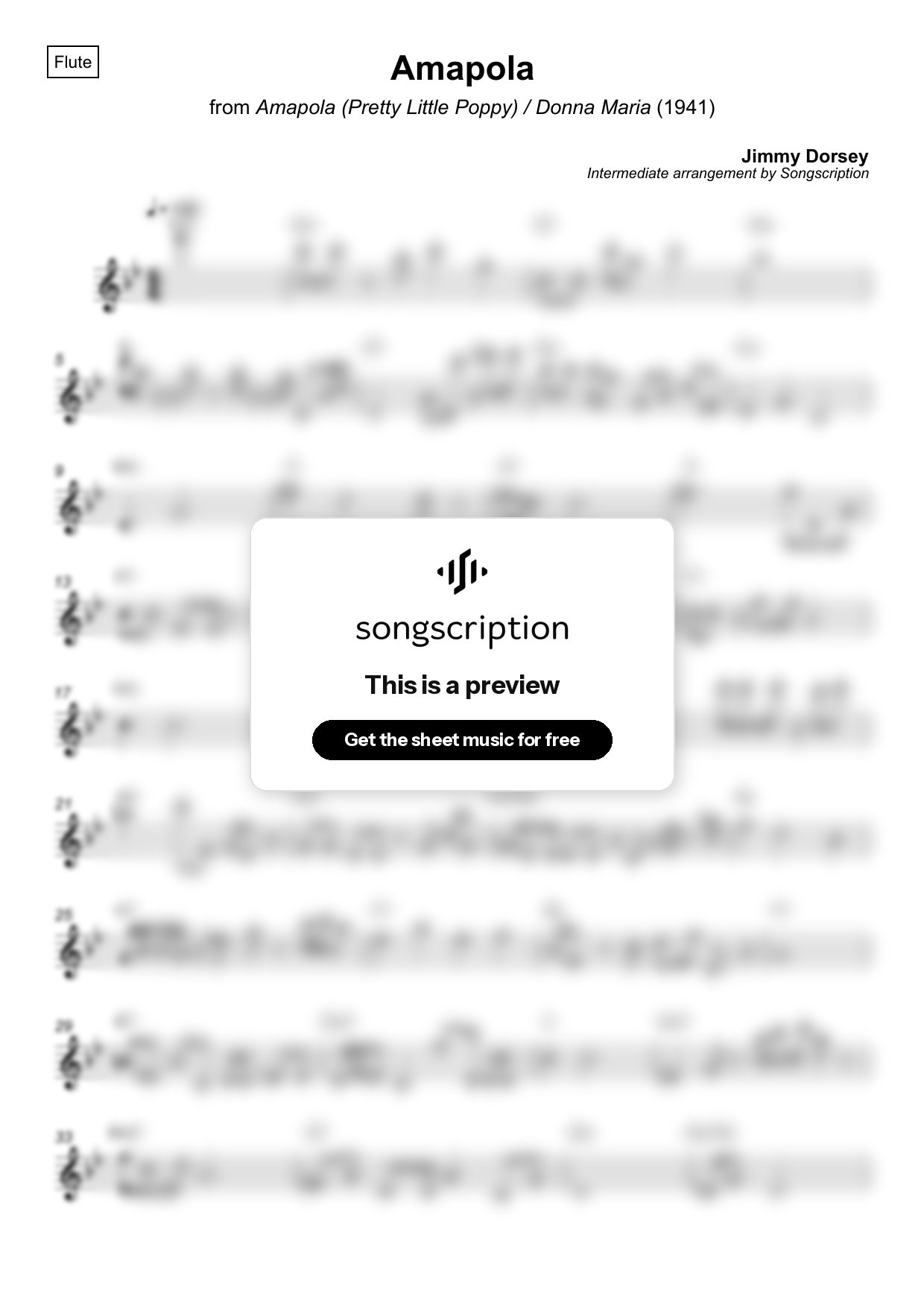 Intermediate Flute Sheet Music for "Amapola" by Jimmy Dorsey