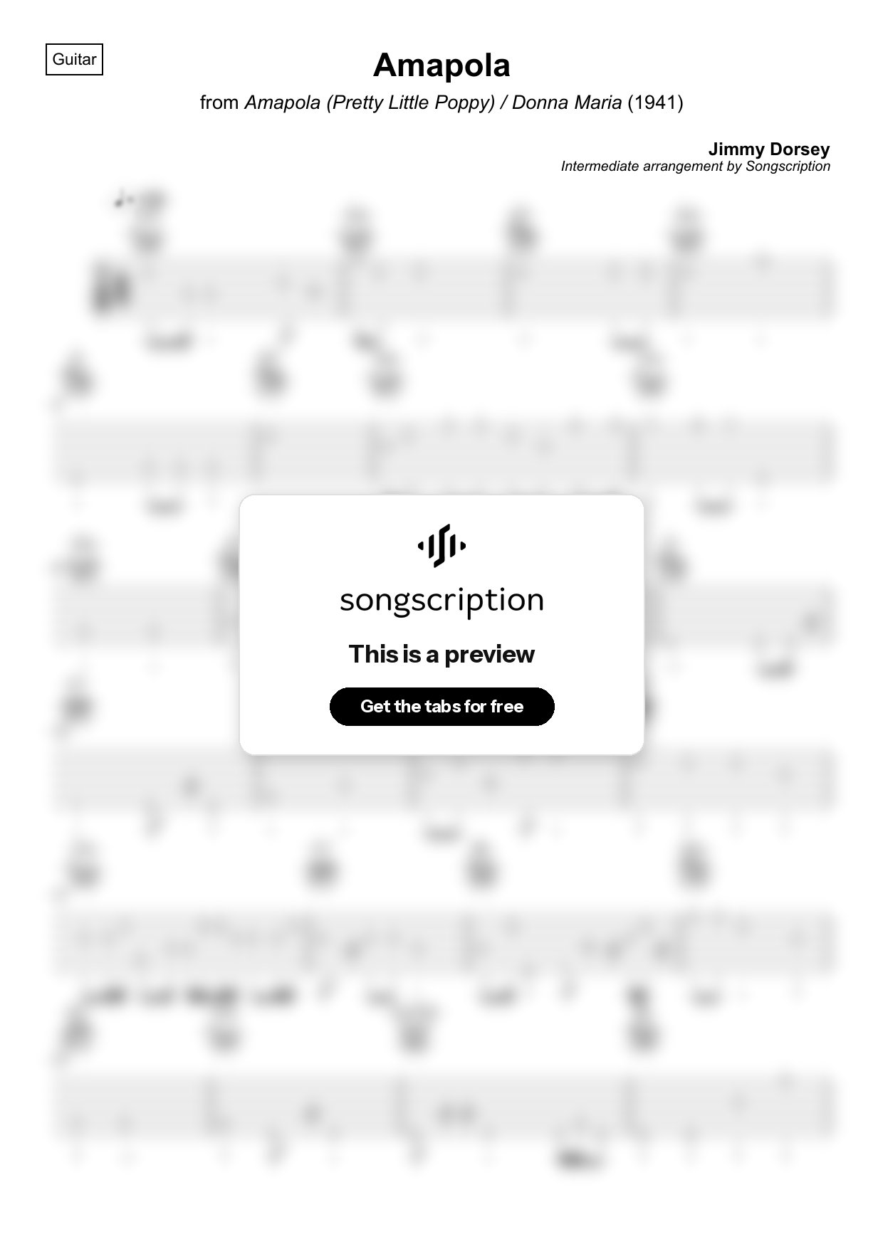 Intermediate Acoustic Guitar Tabs for "Amapola" by Jimmy Dorsey