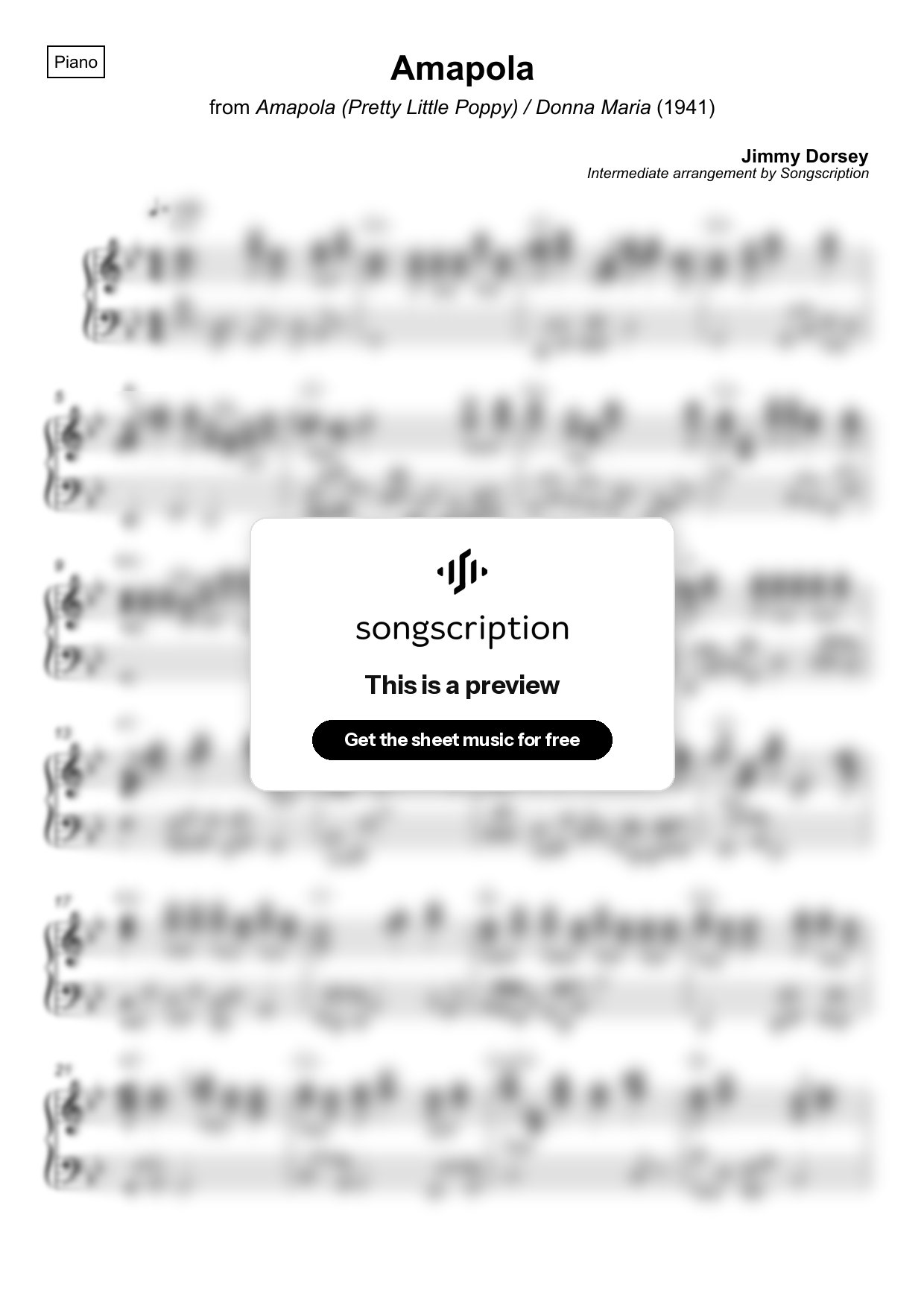 Intermediate Piano Sheet Music for "Amapola" by Jimmy Dorsey