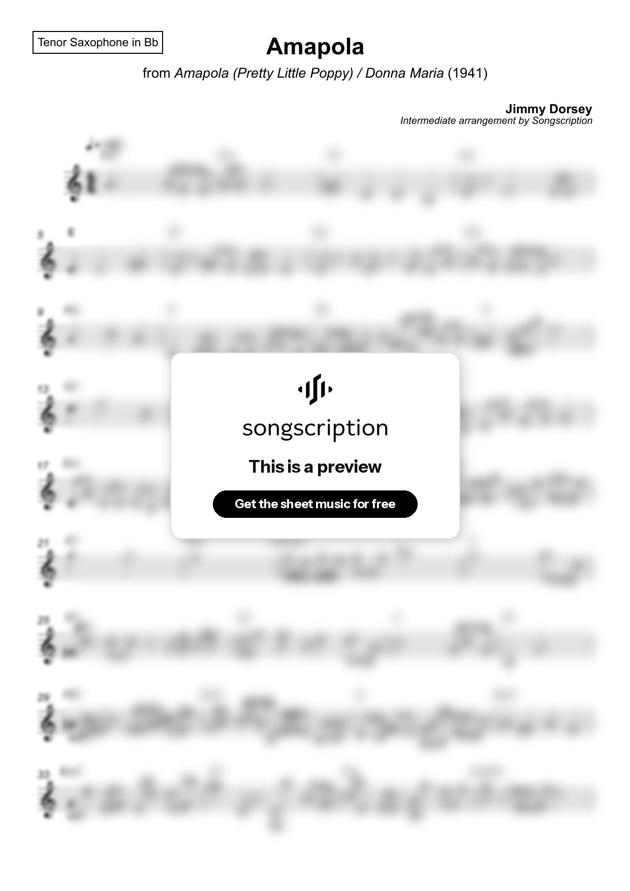 Intermediate Tenor Sax Sheet Music for "Amapola" by Jimmy Dorsey