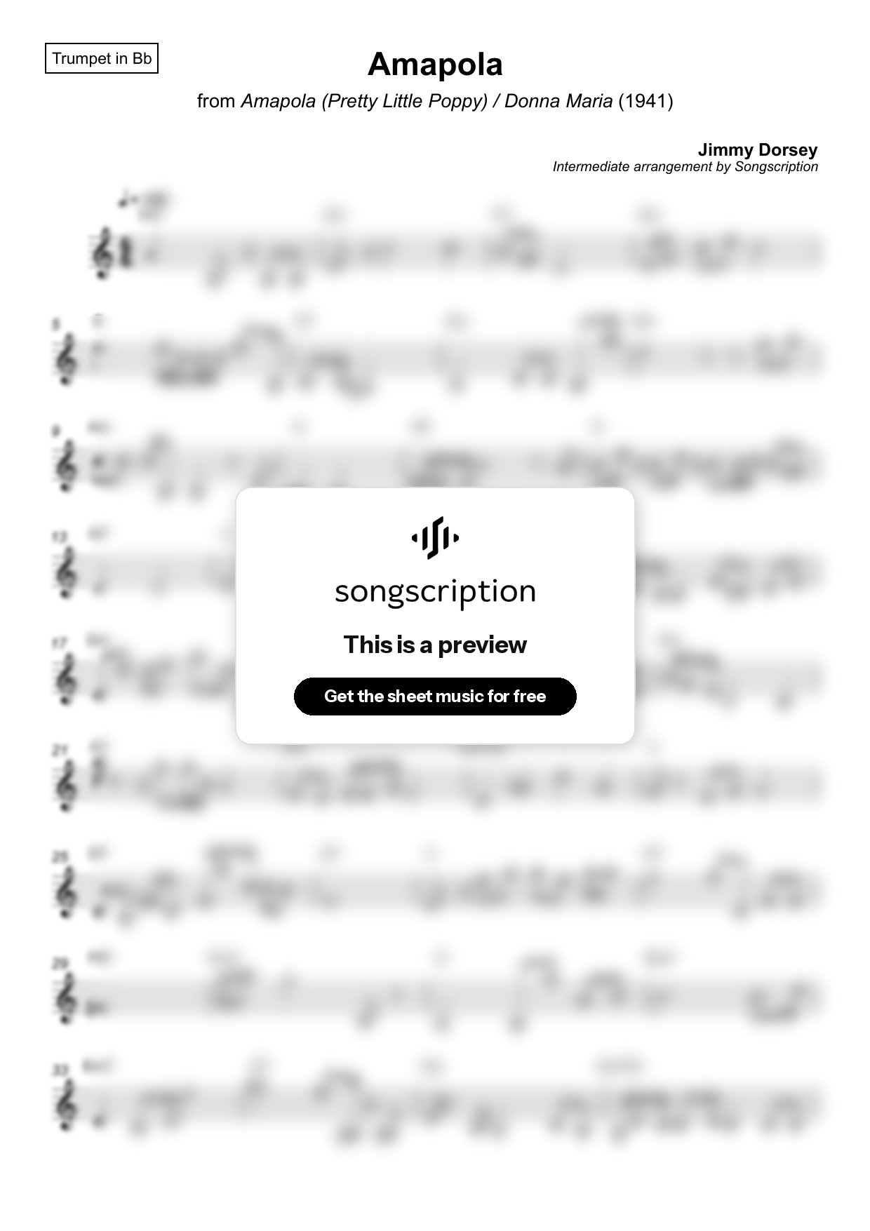 Intermediate Trumpet Sheet Music for "Amapola" by Jimmy Dorsey