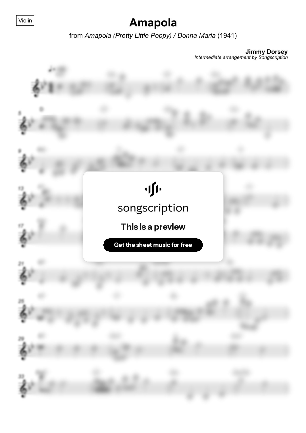 Intermediate Violin Sheet Music for "Amapola" by Jimmy Dorsey