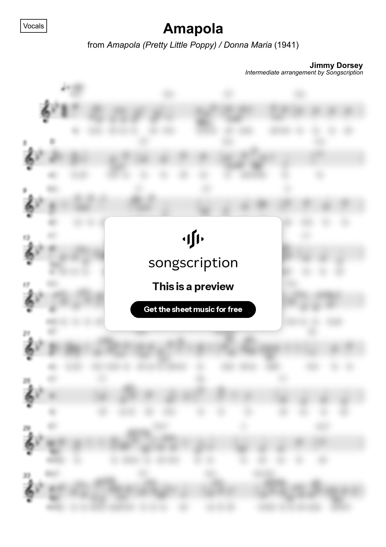 Intermediate Vocals Sheet Music for "Amapola" by Jimmy Dorsey