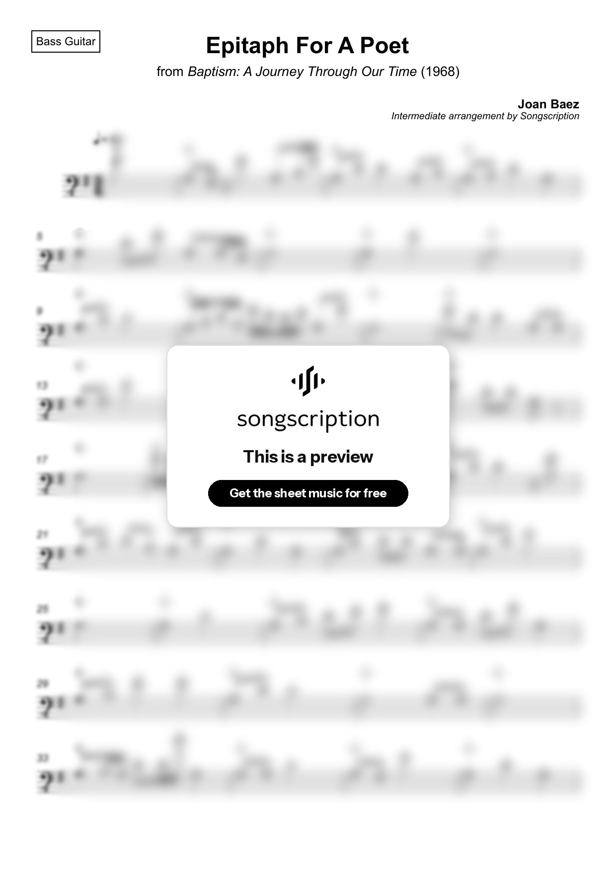 Intermediate Bass Guitar Sheet Music for "Epitaph For A Poet" by Joan Baez
