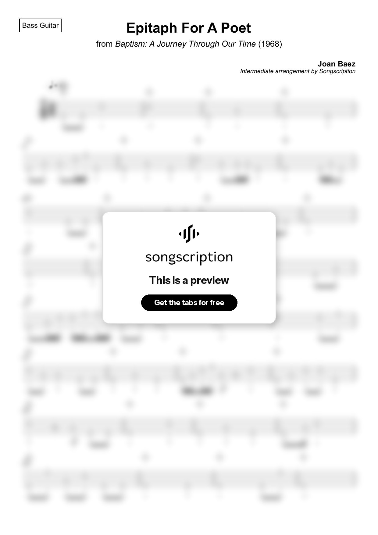 Intermediate Bass Guitar Tabs for "Epitaph For A Poet" by Joan Baez