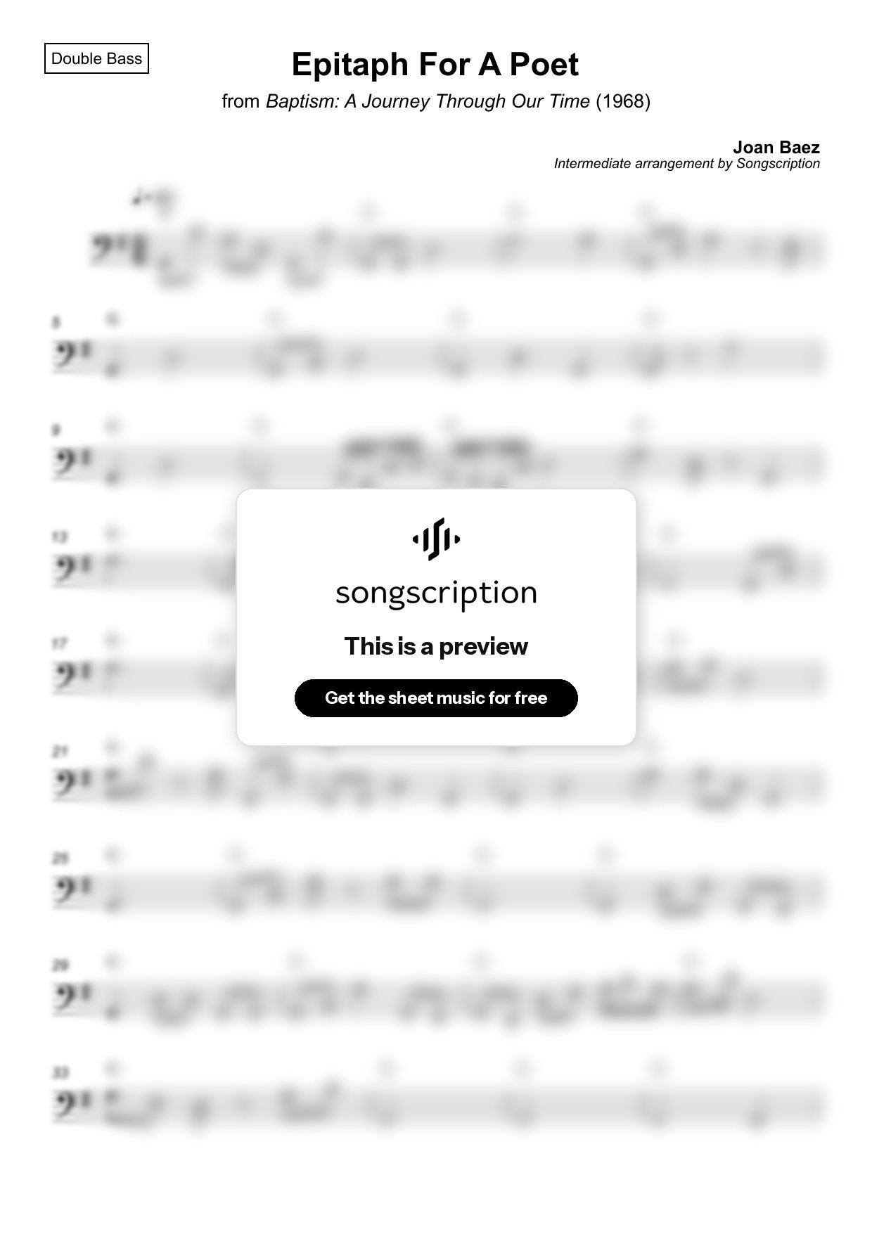 Intermediate Double Bass Sheet Music for "Epitaph For A Poet" by Joan Baez
