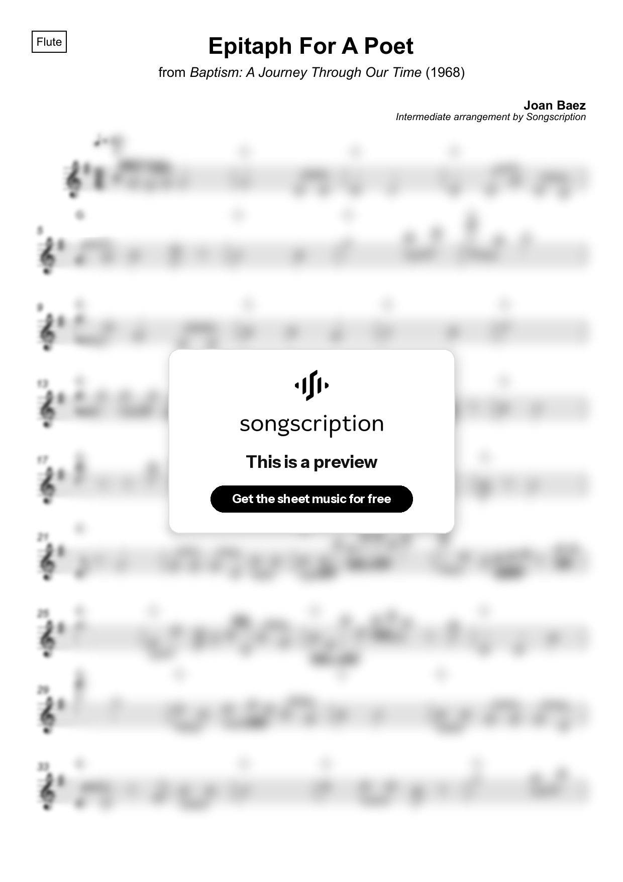 Intermediate Flute Sheet Music for "Epitaph For A Poet" by Joan Baez