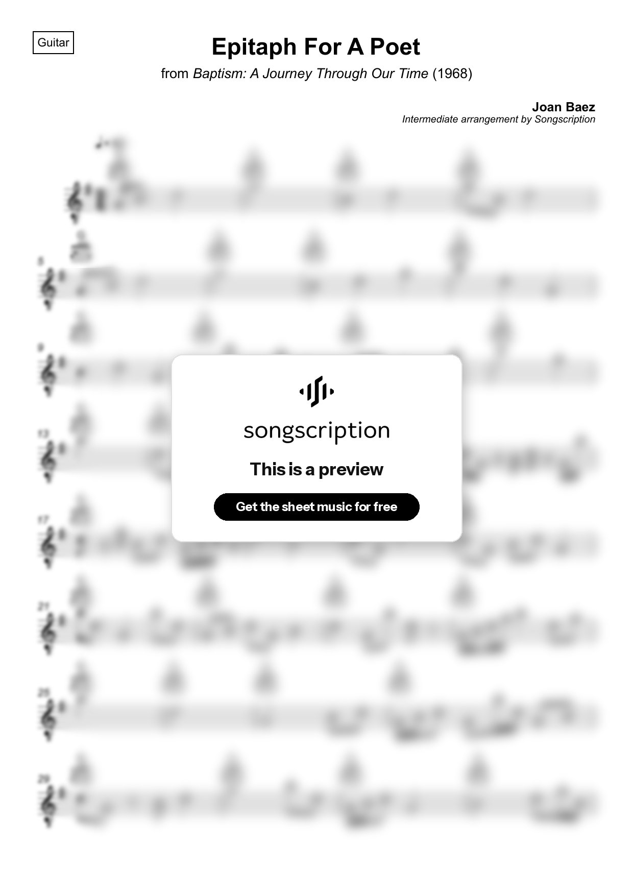 Intermediate Acoustic Guitar Sheet Music for "Epitaph For A Poet" by Joan Baez
