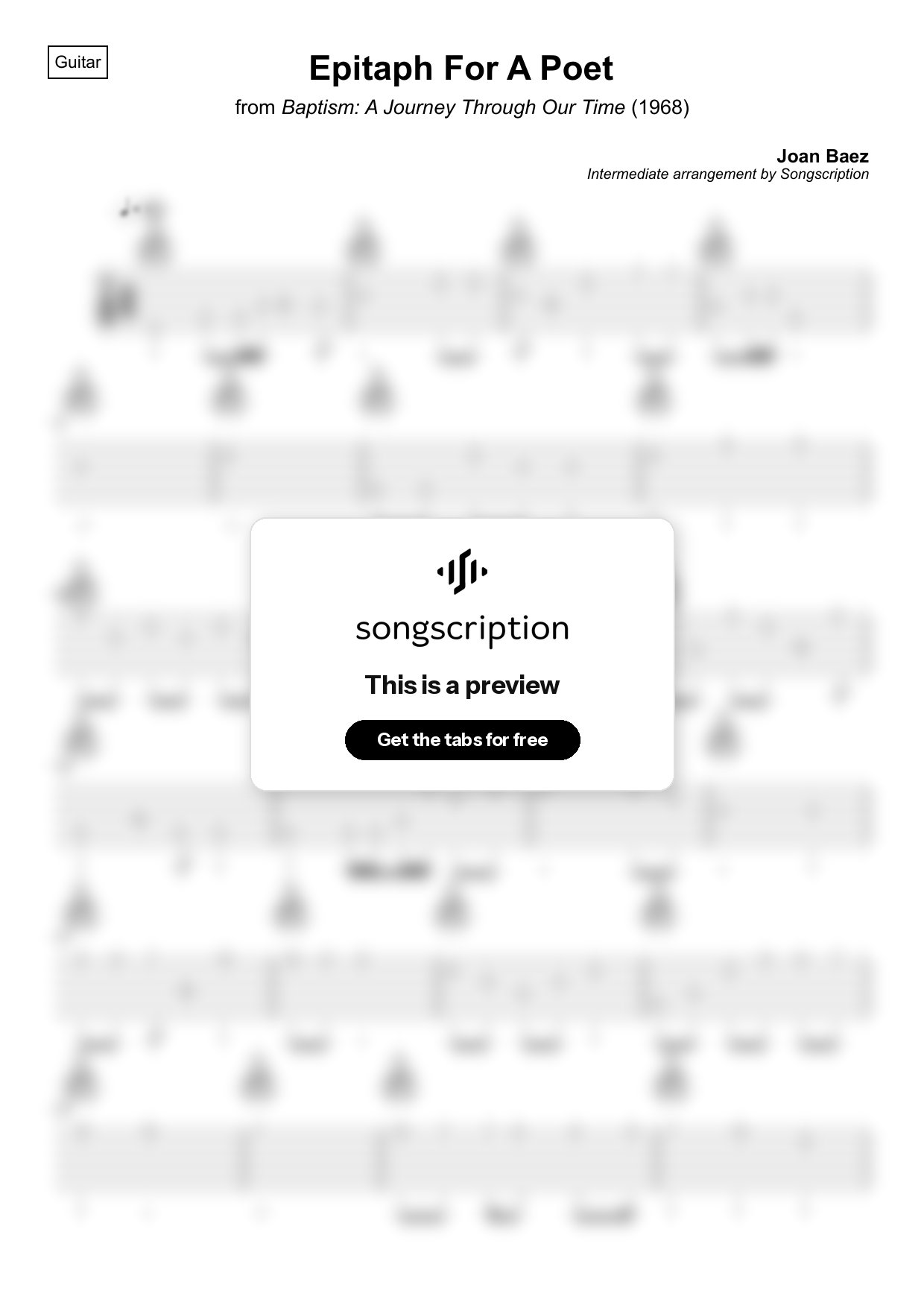 Intermediate Acoustic Guitar Tabs for "Epitaph For A Poet" by Joan Baez