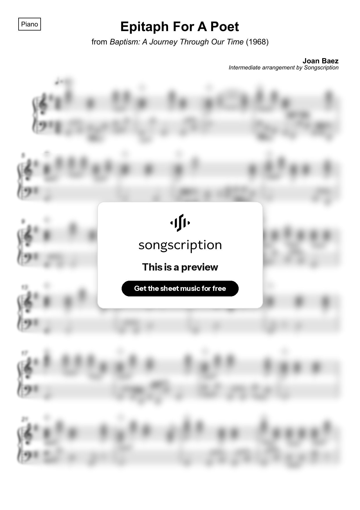 Intermediate Piano Sheet Music for "Epitaph For A Poet" by Joan Baez