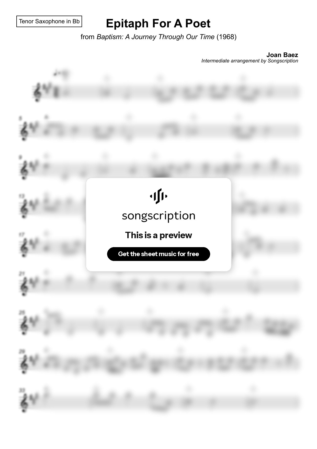 Intermediate Tenor Sax Sheet Music for "Epitaph For A Poet" by Joan Baez