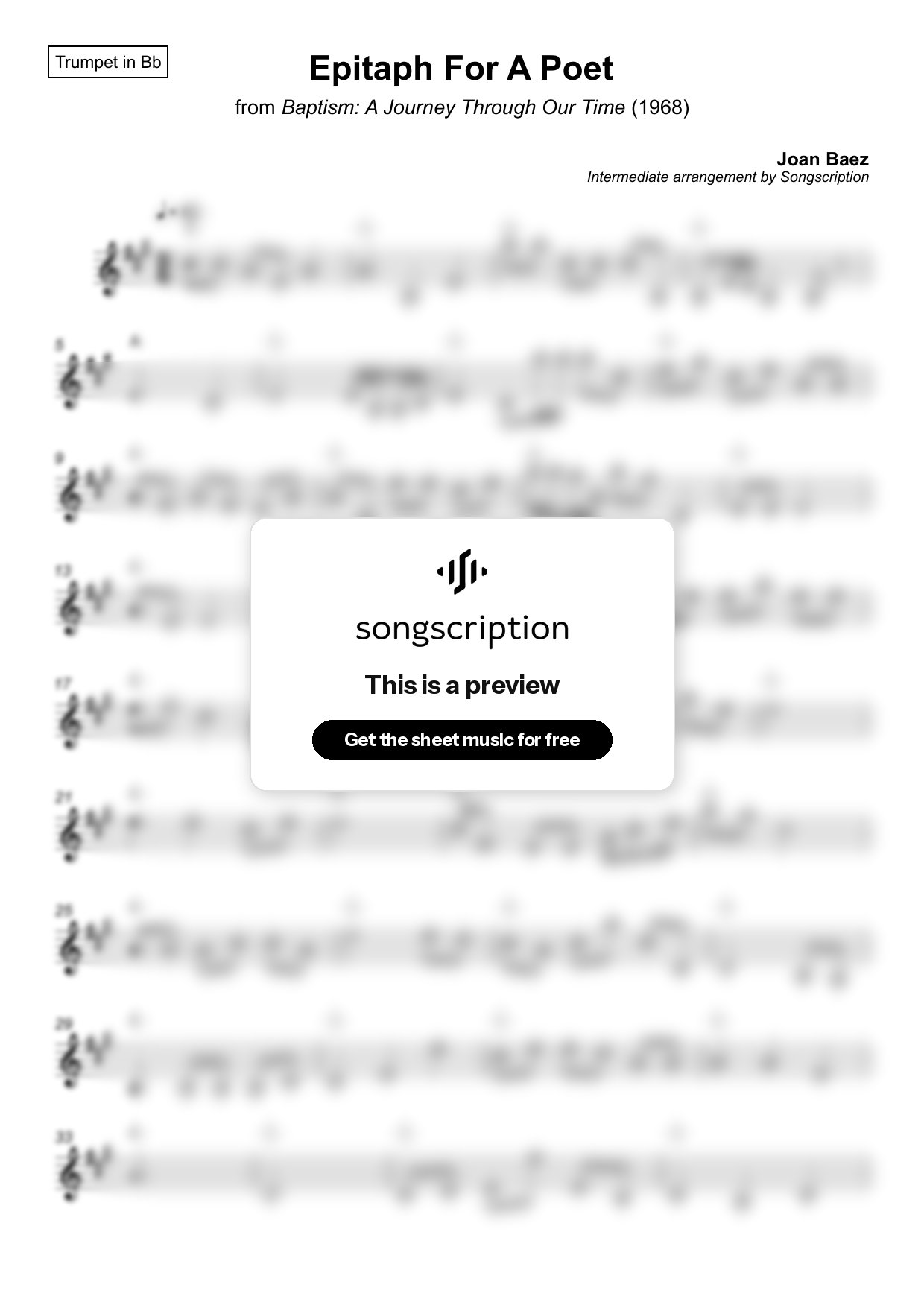 Intermediate Trumpet Sheet Music for "Epitaph For A Poet" by Joan Baez