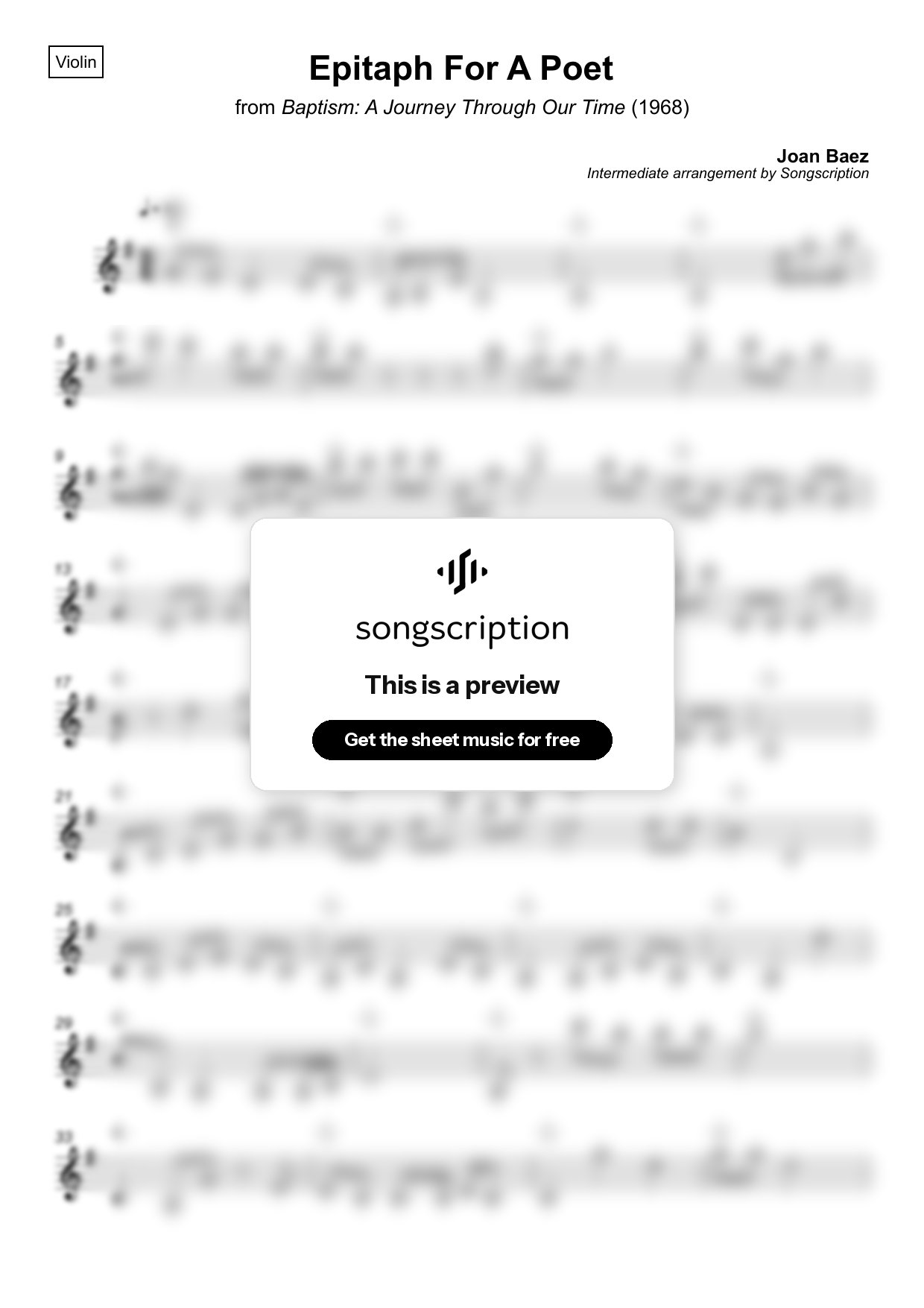 Intermediate Violin Sheet Music for "Epitaph For A Poet" by Joan Baez