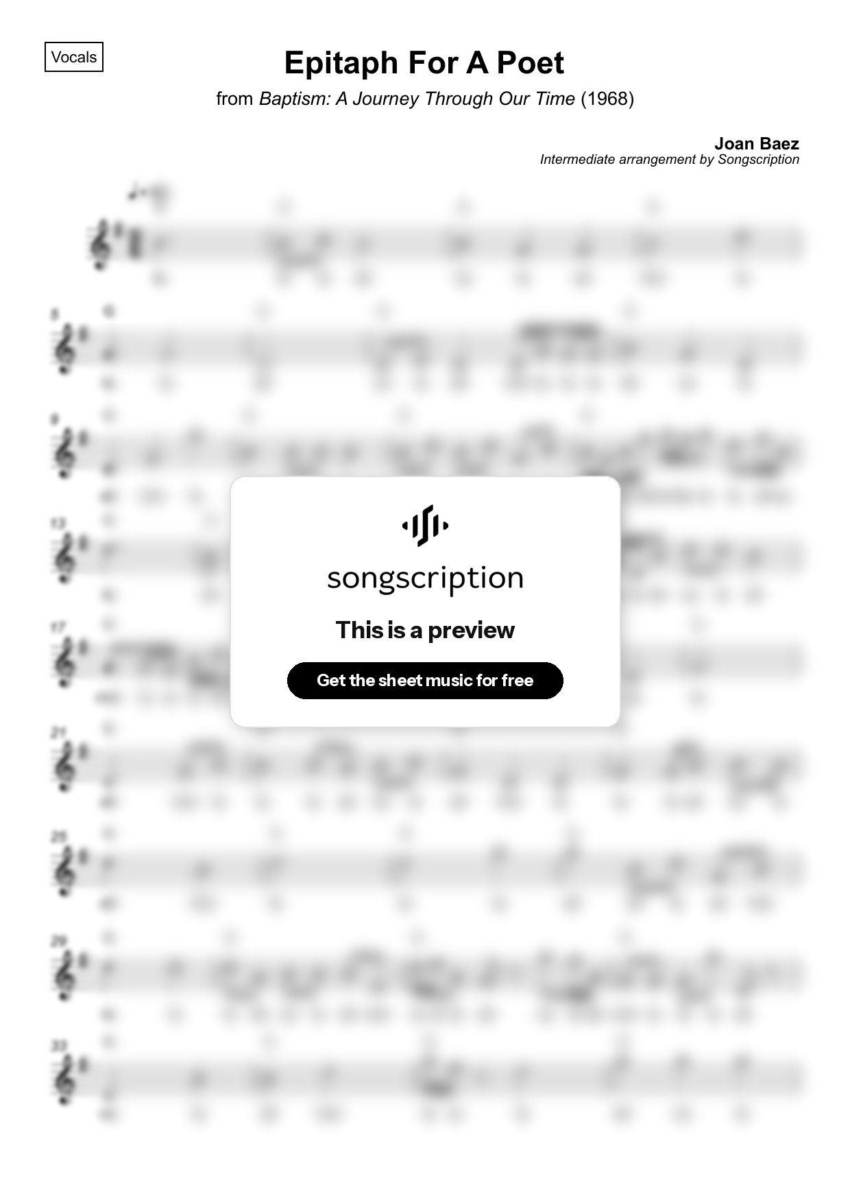 Intermediate Vocals Sheet Music for "Epitaph For A Poet" by Joan Baez