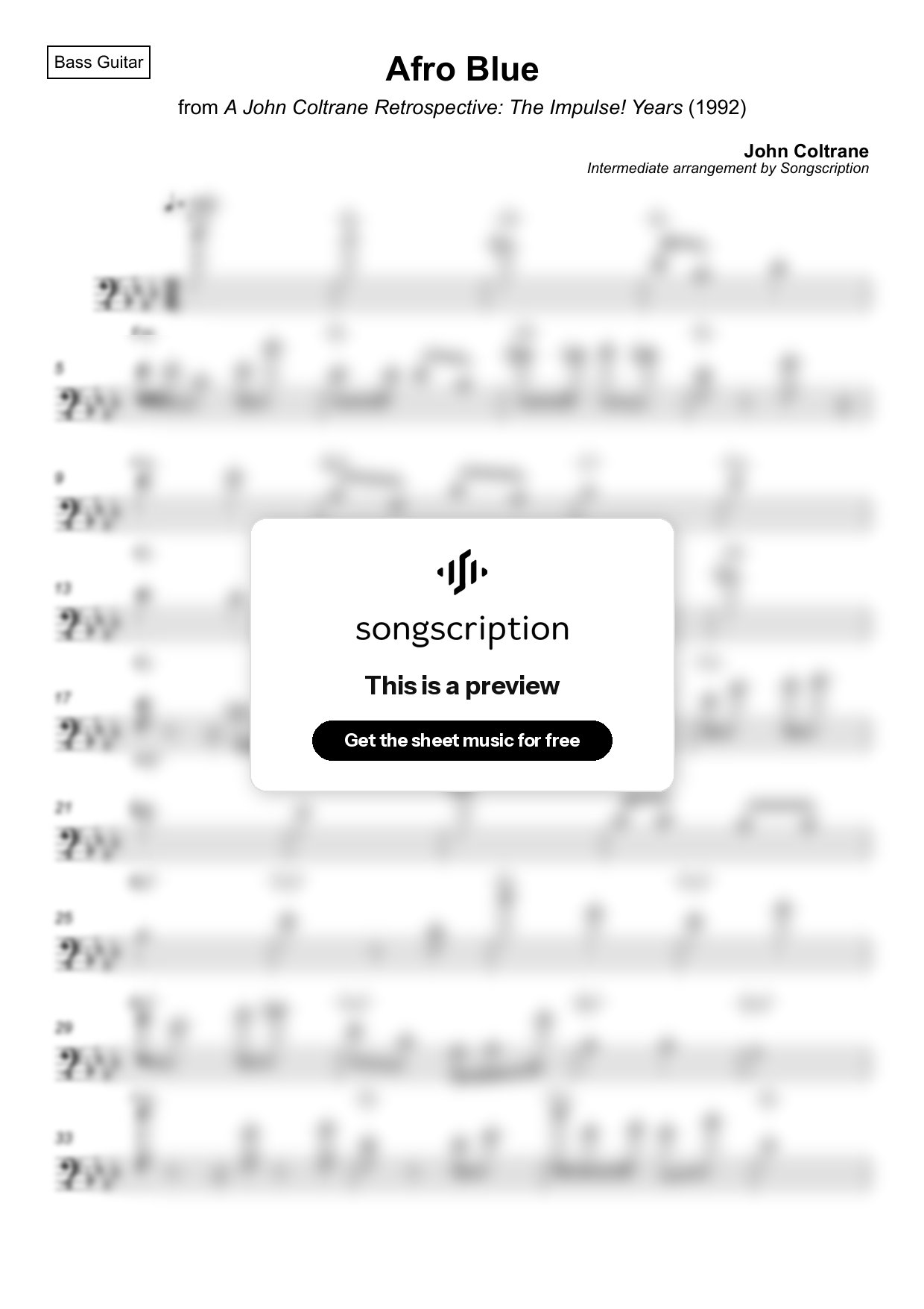 Intermediate Bass Guitar Sheet Music for "Afro Blue" by John Coltrane