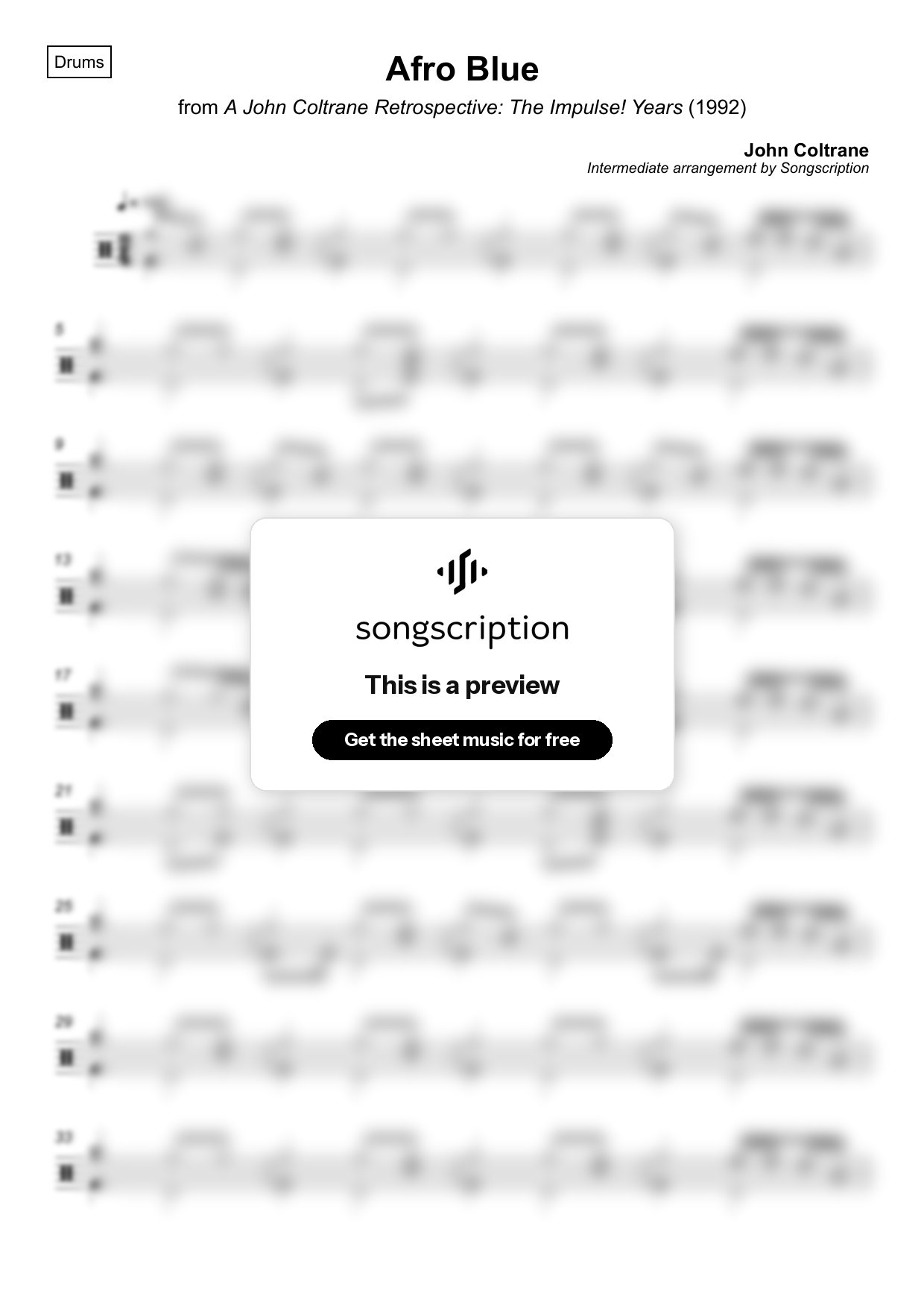 Intermediate Drums Sheet Music for "Afro Blue" by John Coltrane
