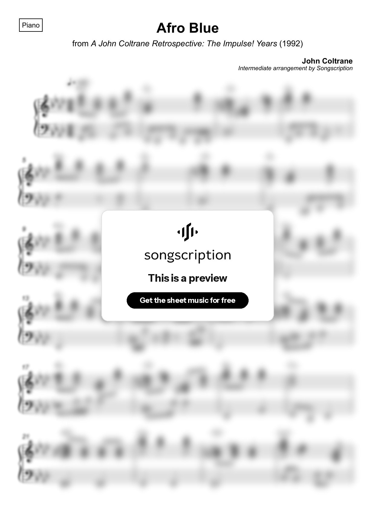 Intermediate Piano Sheet Music for "Afro Blue" by John Coltrane
