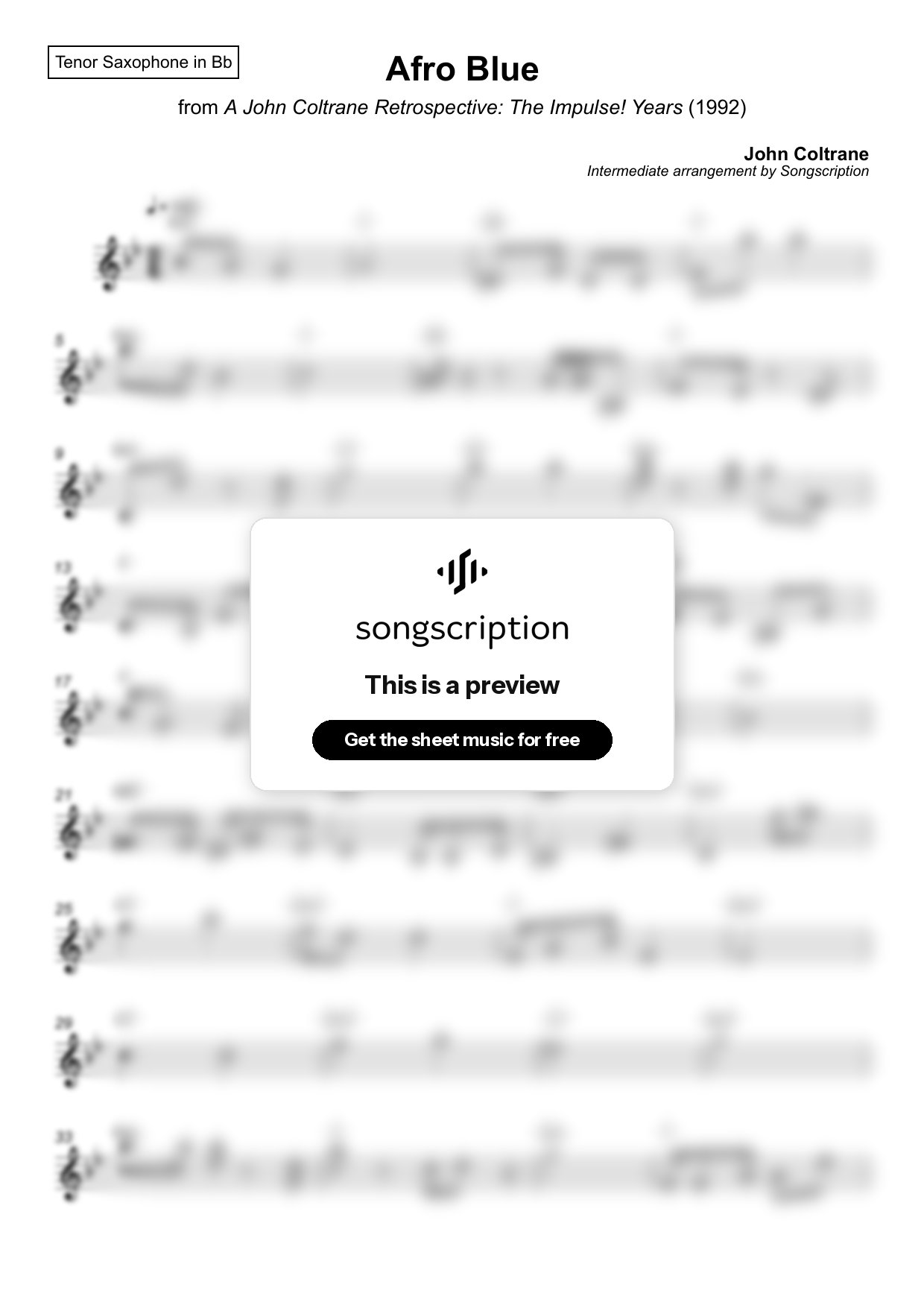 Intermediate Tenor Sax Sheet Music for "Afro Blue" by John Coltrane