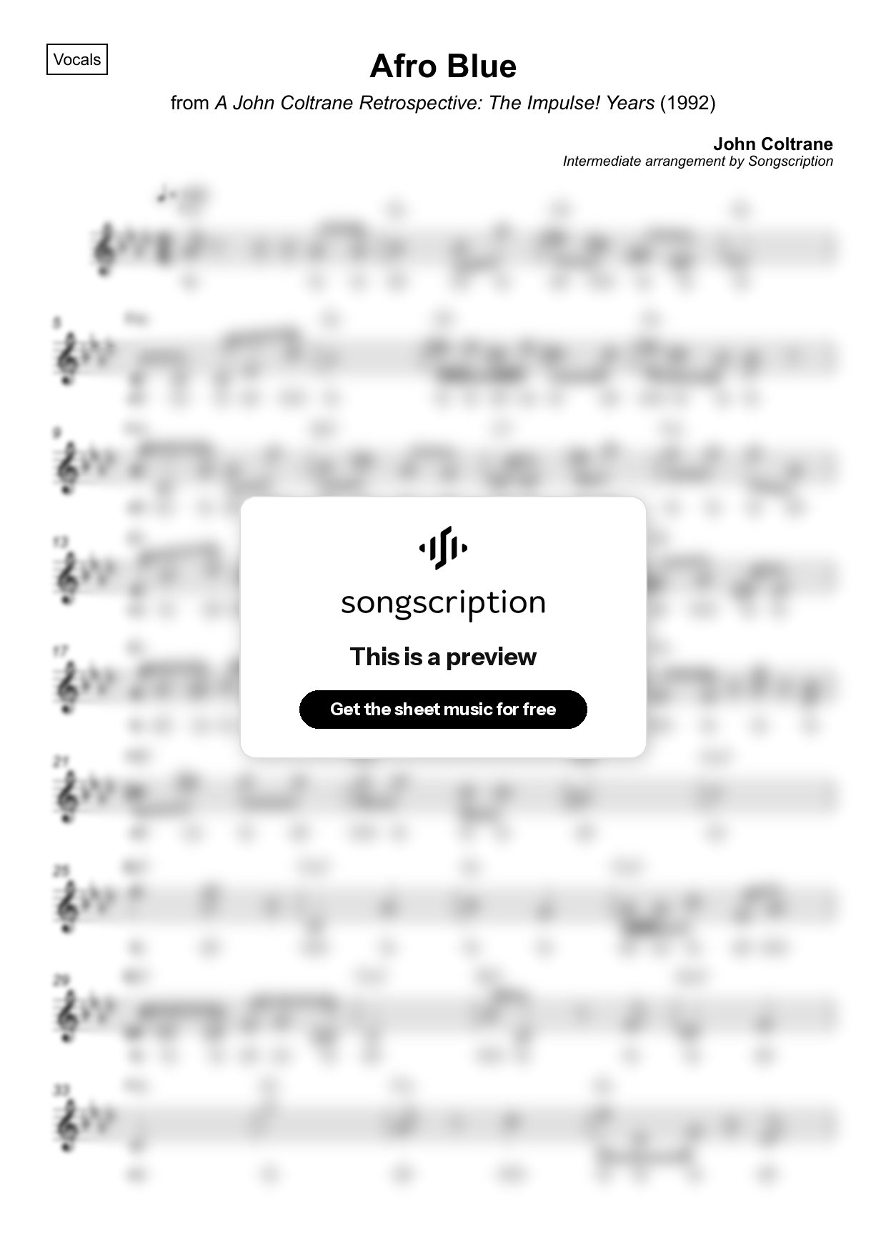 Intermediate Vocals Sheet Music for "Afro Blue" by John Coltrane
