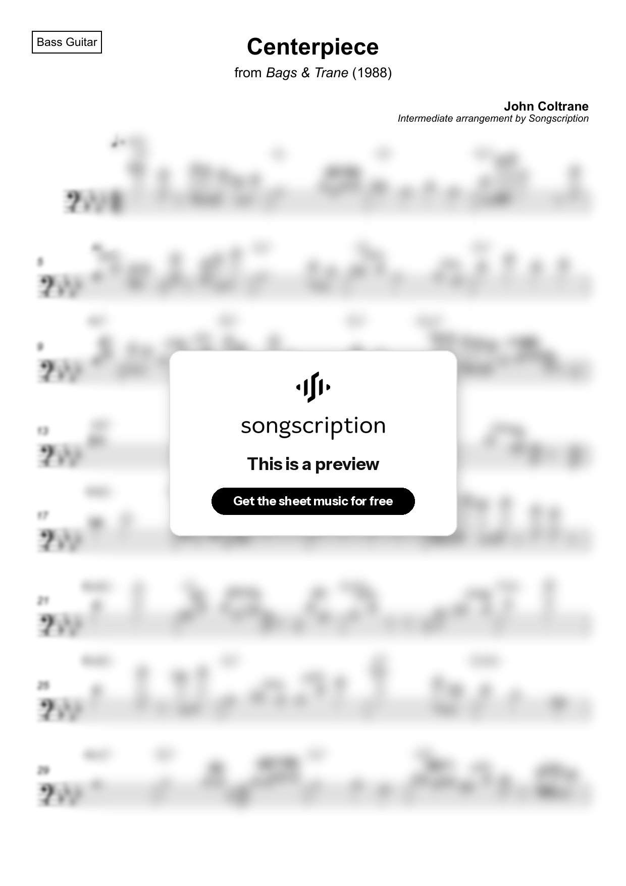 Intermediate Bass Guitar Sheet Music for "Centerpiece" by John Coltrane