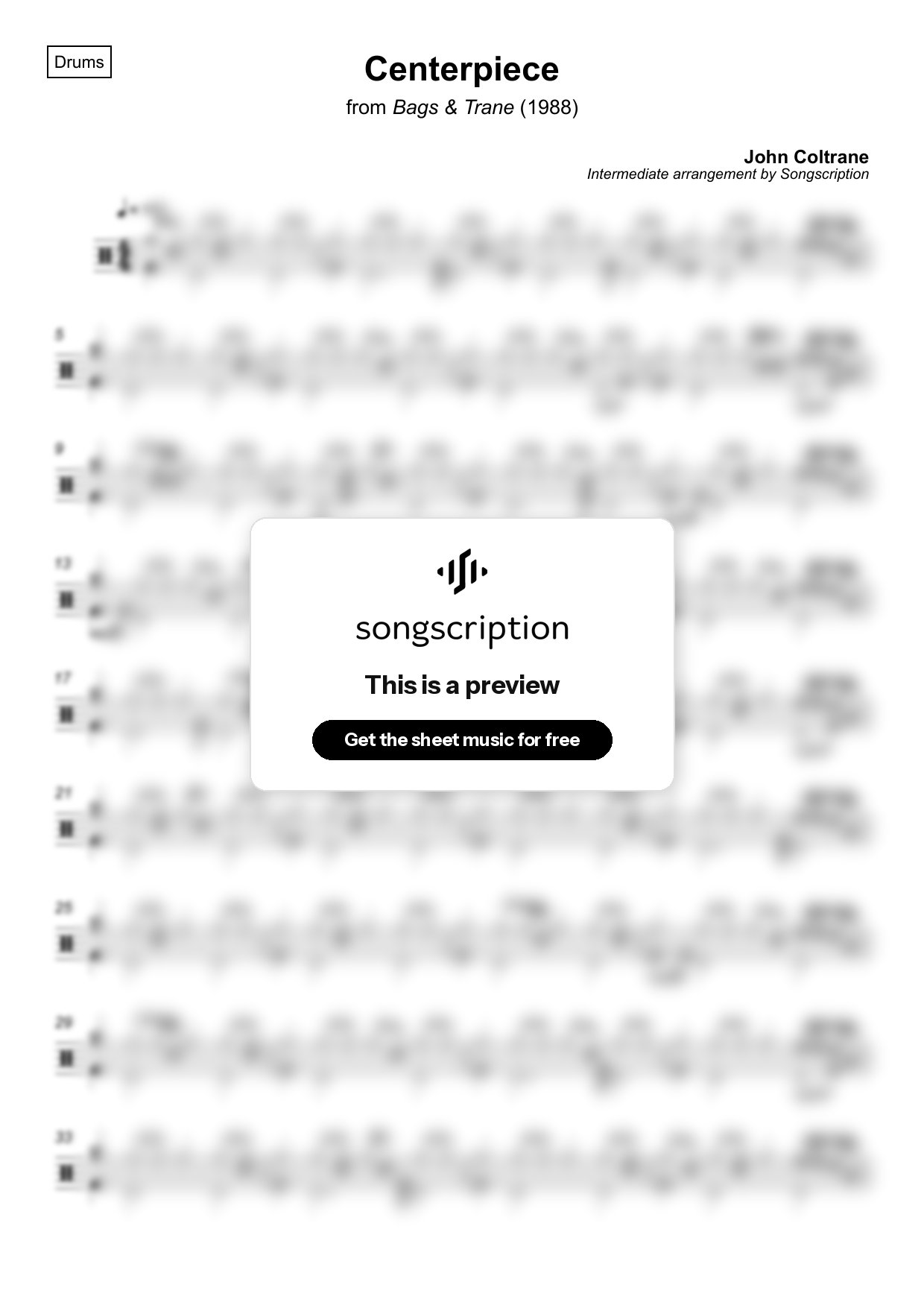 Intermediate Drums Sheet Music for "Centerpiece" by John Coltrane