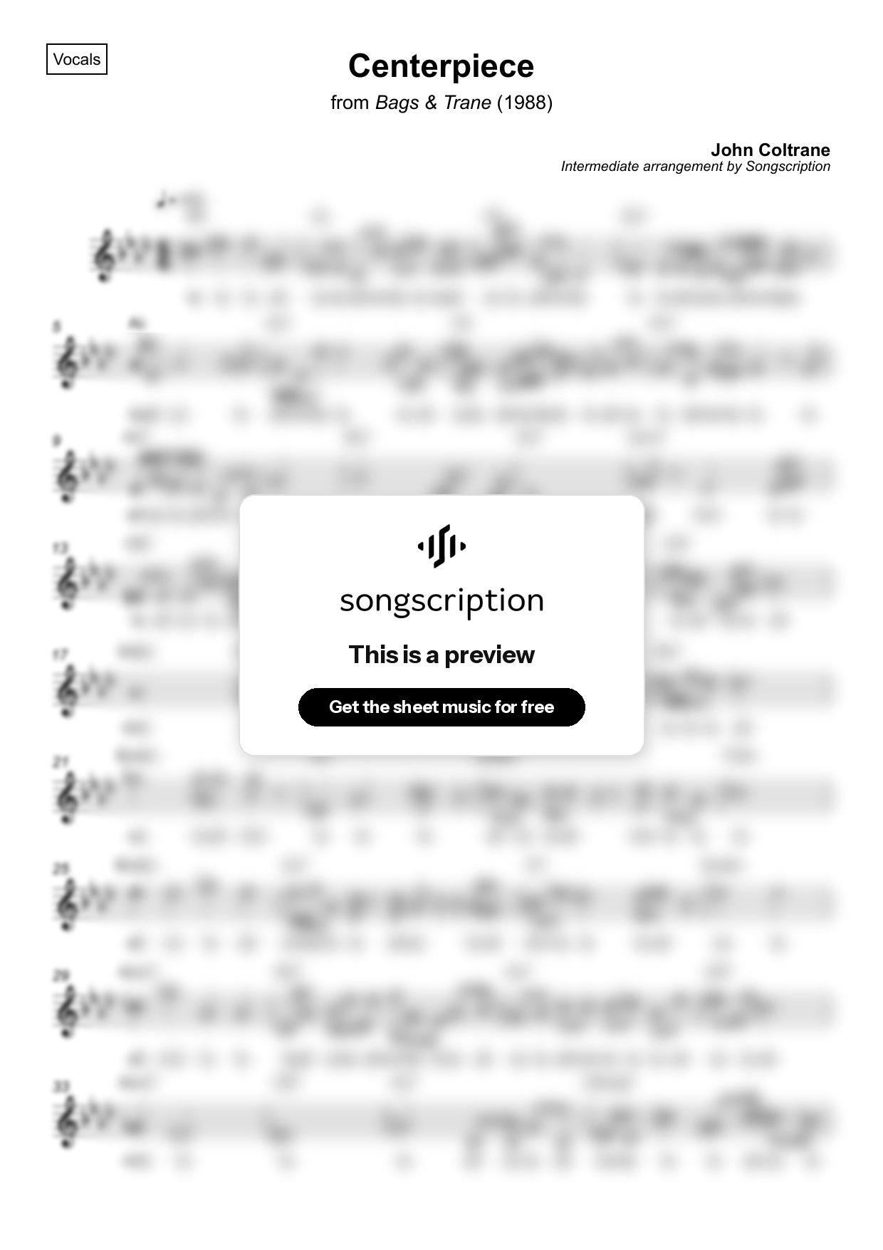 Intermediate Vocals Sheet Music for "Centerpiece" by John Coltrane