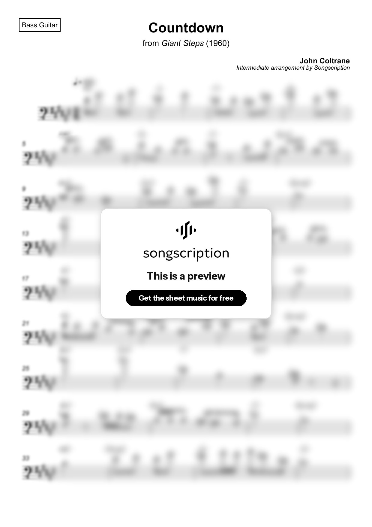 Intermediate Bass Guitar Sheet Music for "Countdown" by John Coltrane