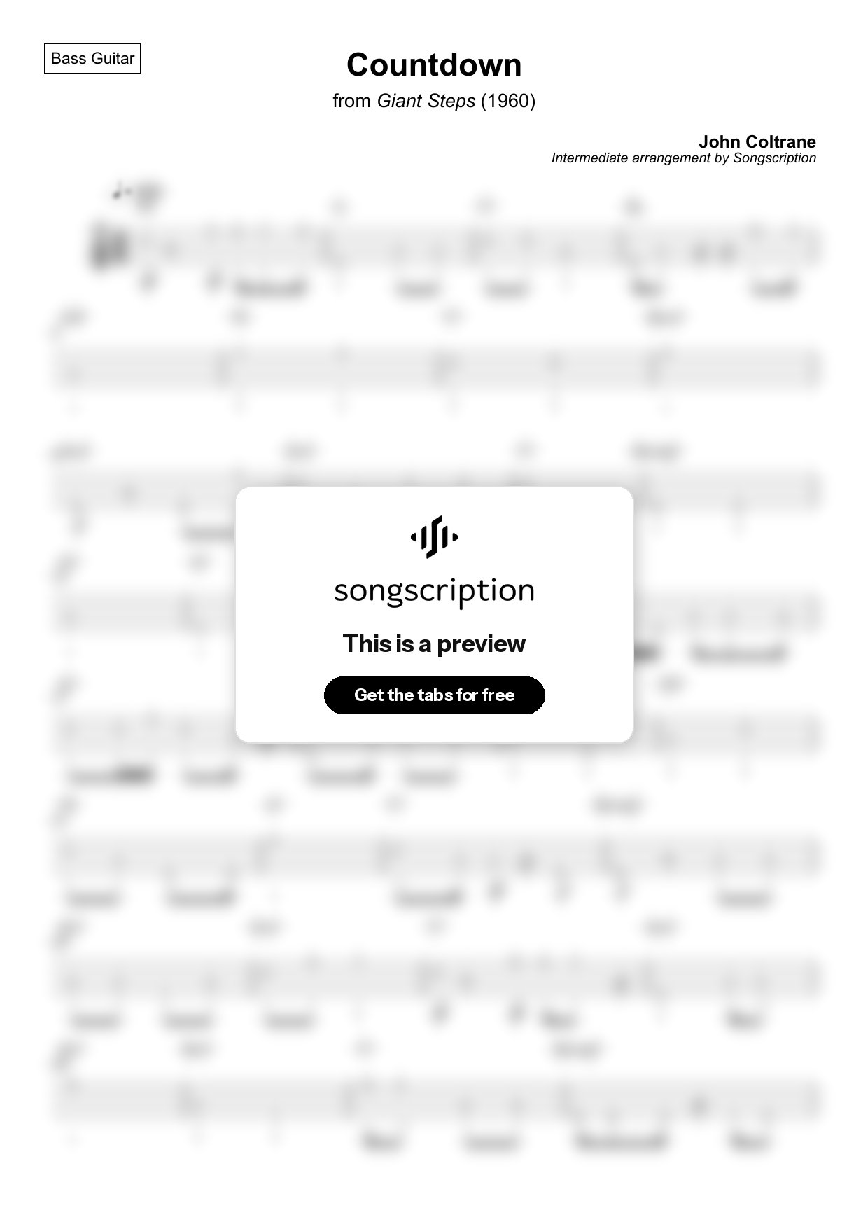 Intermediate Bass Guitar Tabs for "Countdown" by John Coltrane