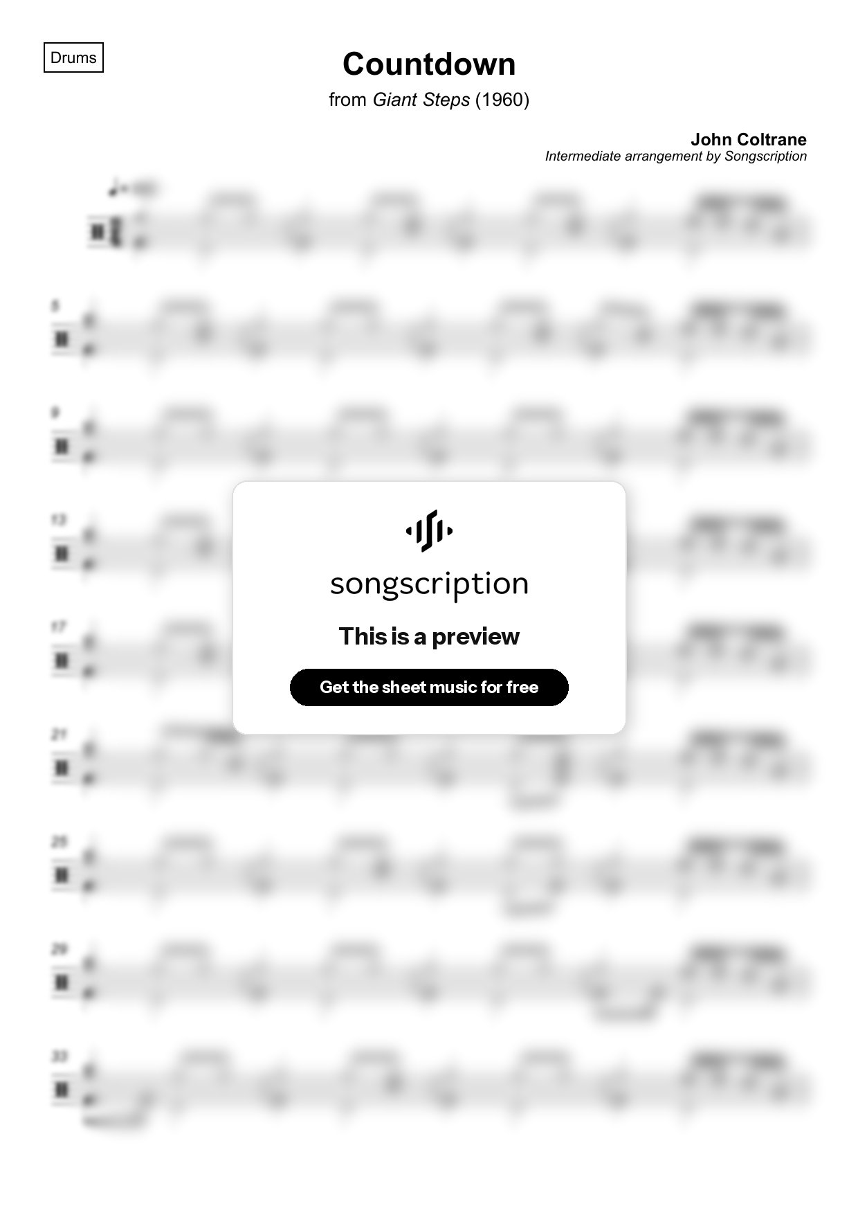 Intermediate Drums Sheet Music for "Countdown" by John Coltrane