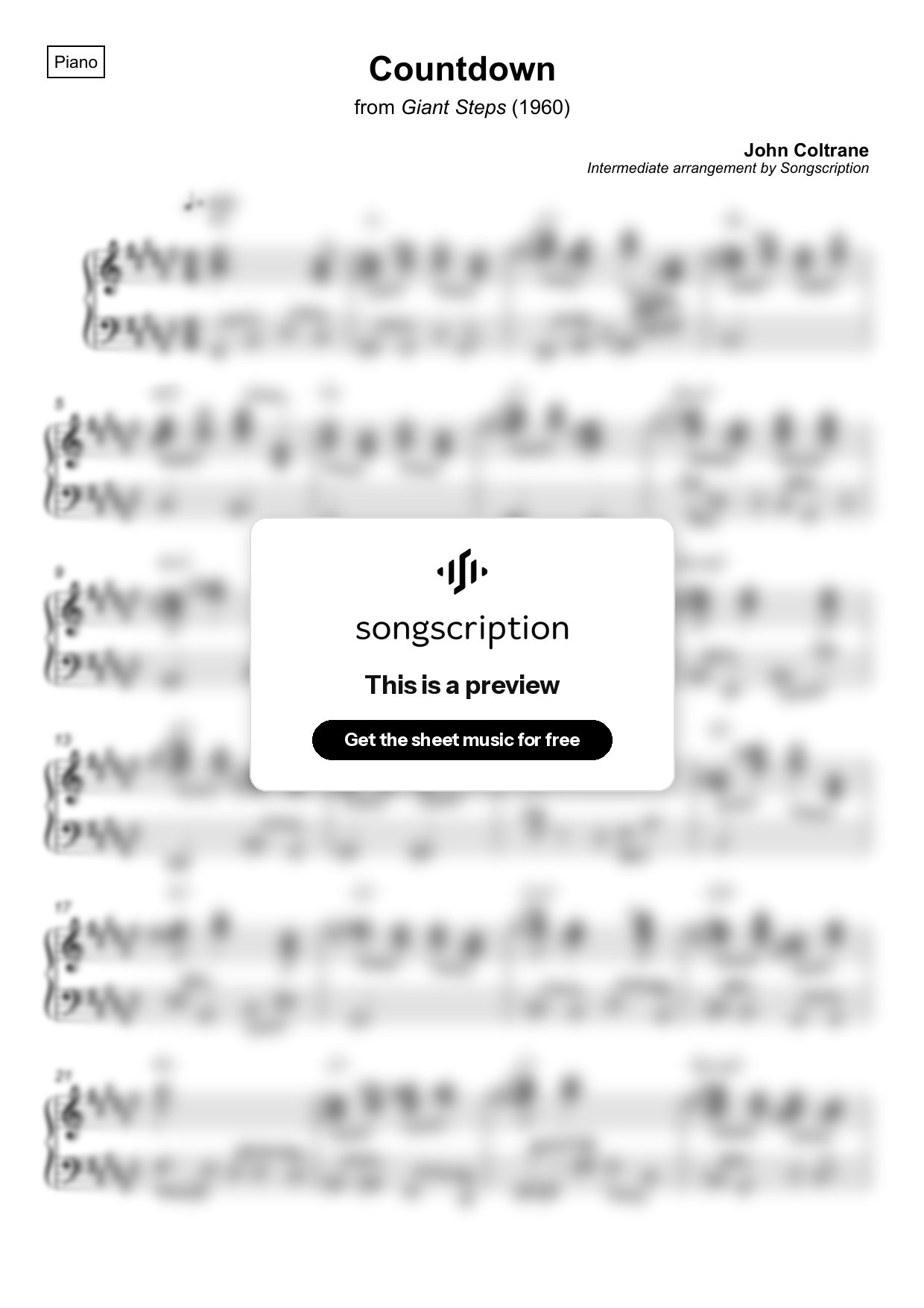 Intermediate Piano Sheet Music for "Countdown" by John Coltrane