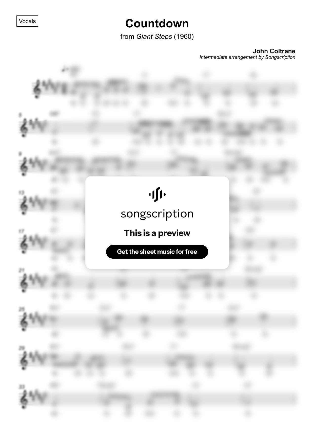 Intermediate Vocals Sheet Music for "Countdown" by John Coltrane