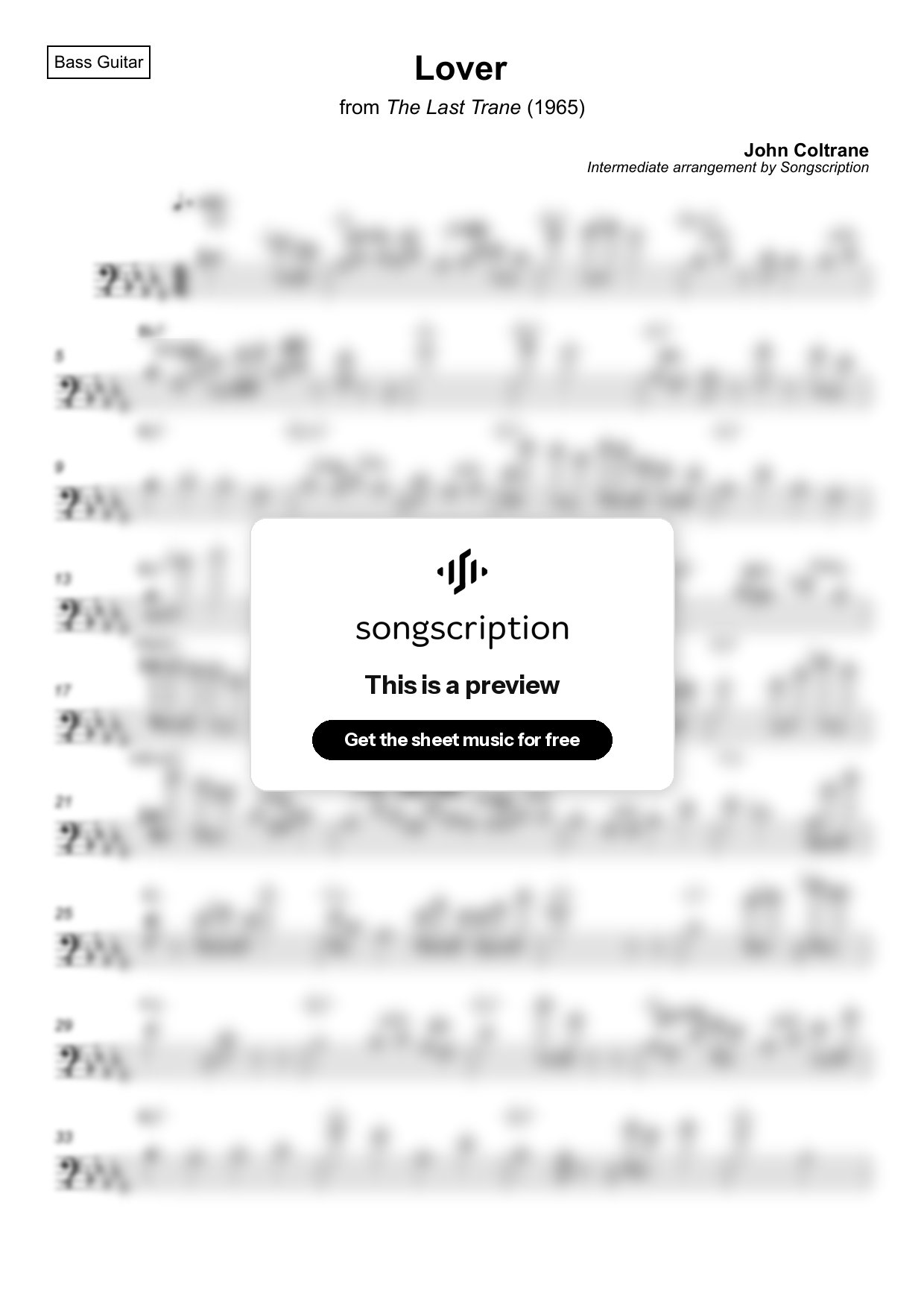 Intermediate Bass Guitar Sheet Music for "Lover" by John Coltrane