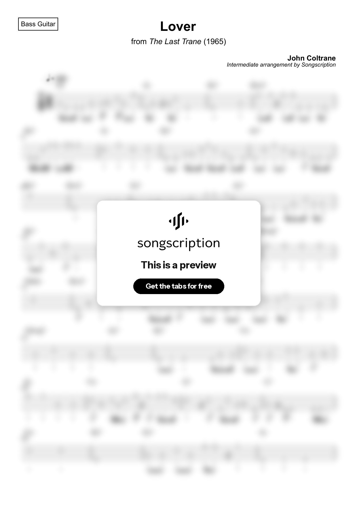 Intermediate Bass Guitar Tabs for "Lover" by John Coltrane