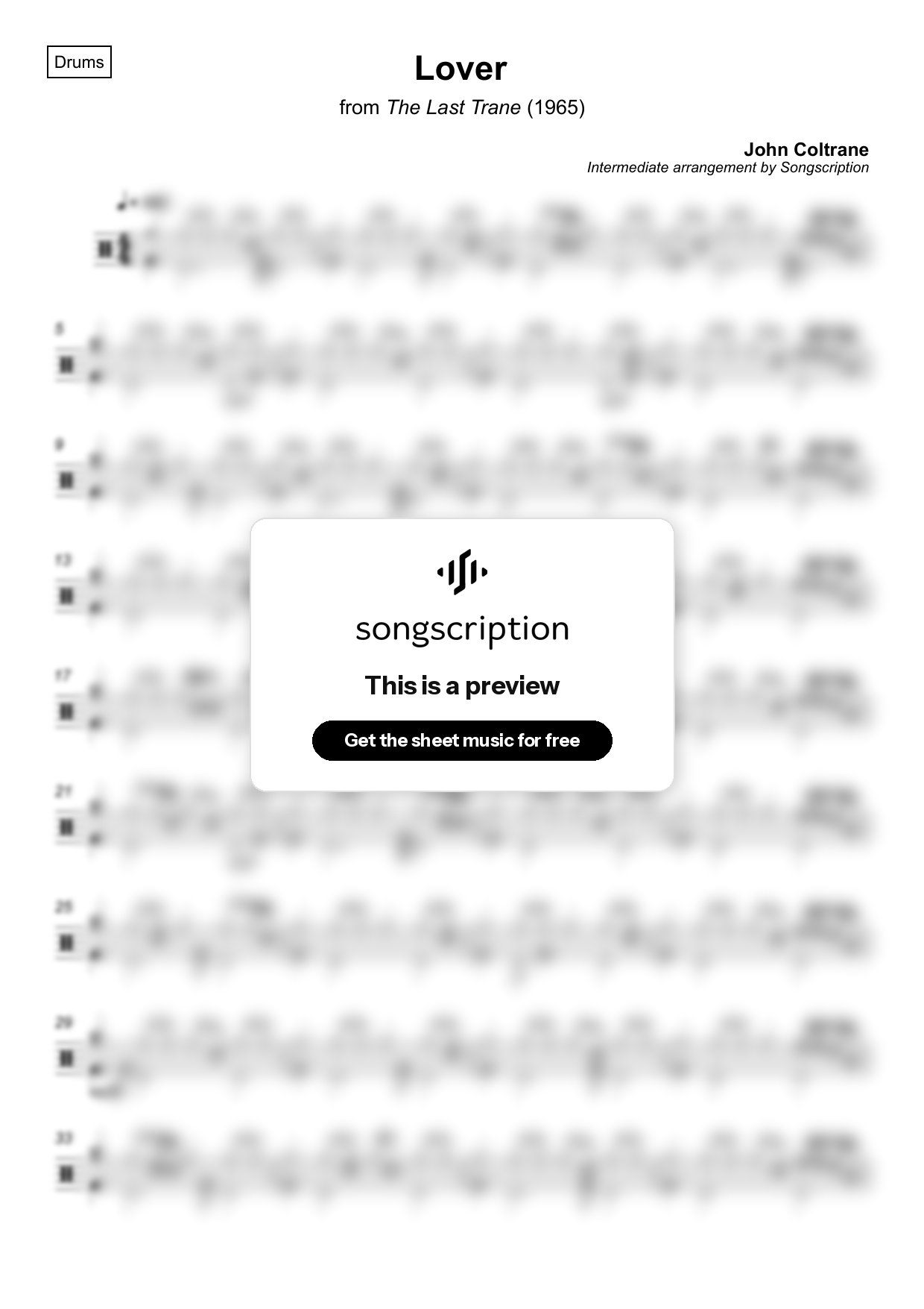 Intermediate Drums Sheet Music for "Lover" by John Coltrane