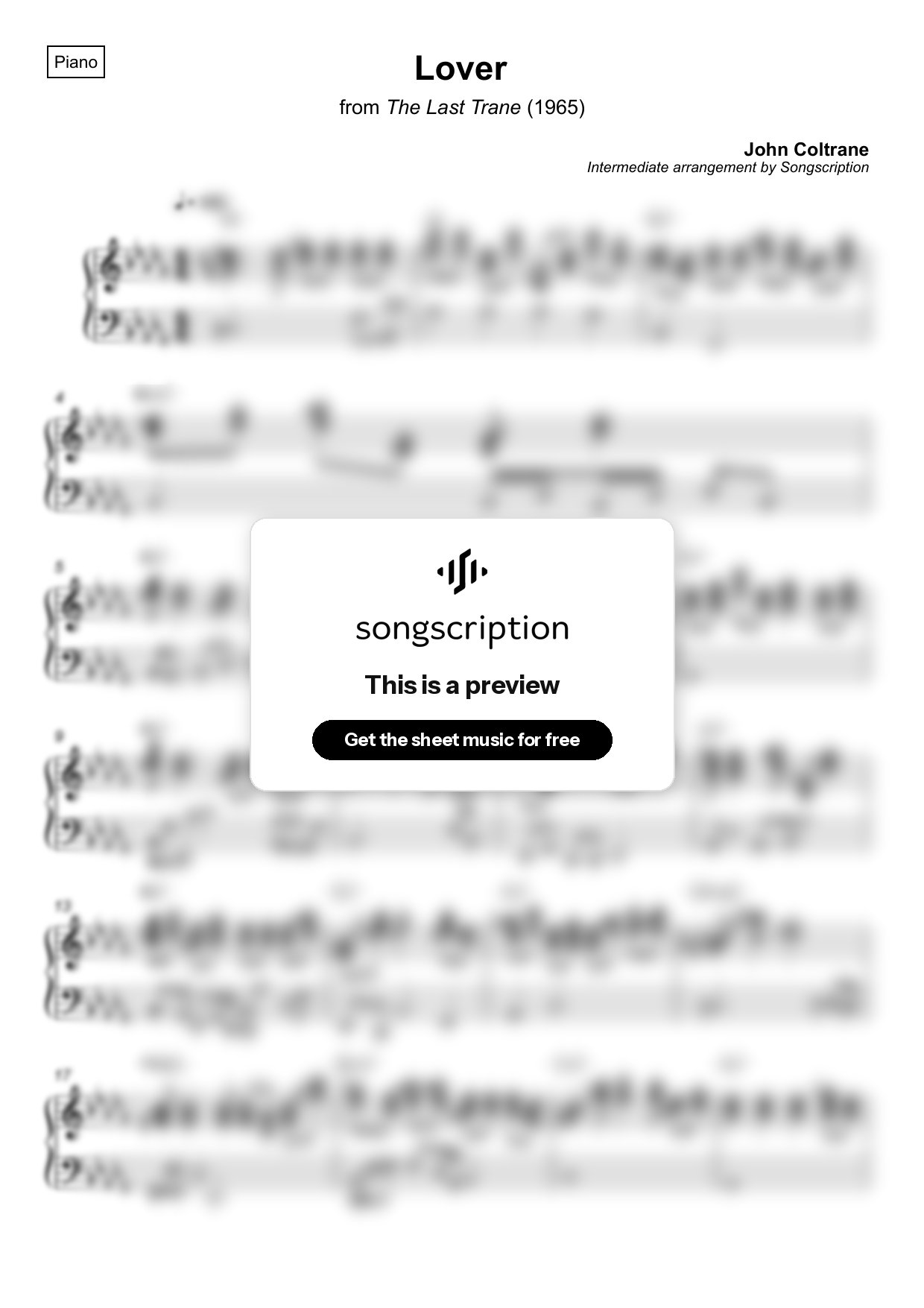 Intermediate Piano Sheet Music for "Lover" by John Coltrane
