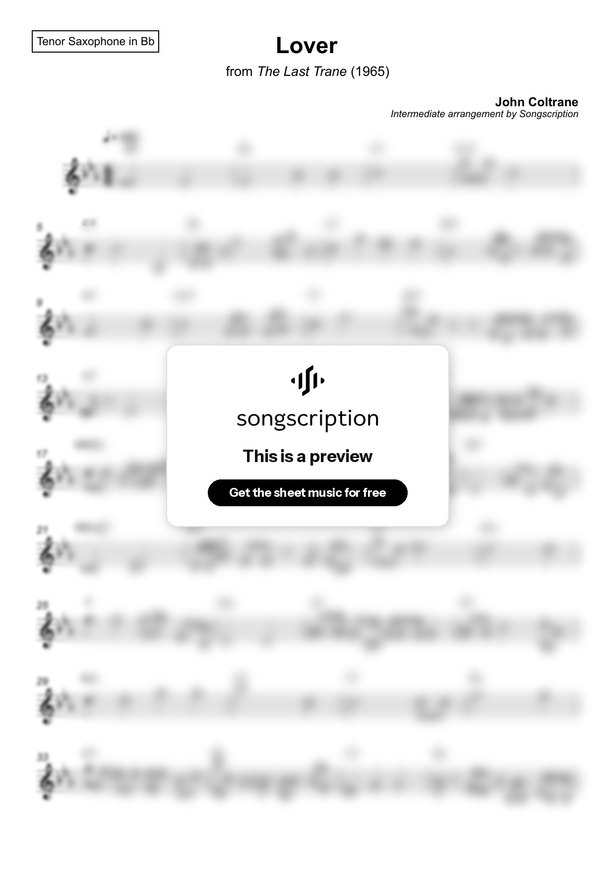 Intermediate Tenor Sax Sheet Music for "Lover" by John Coltrane