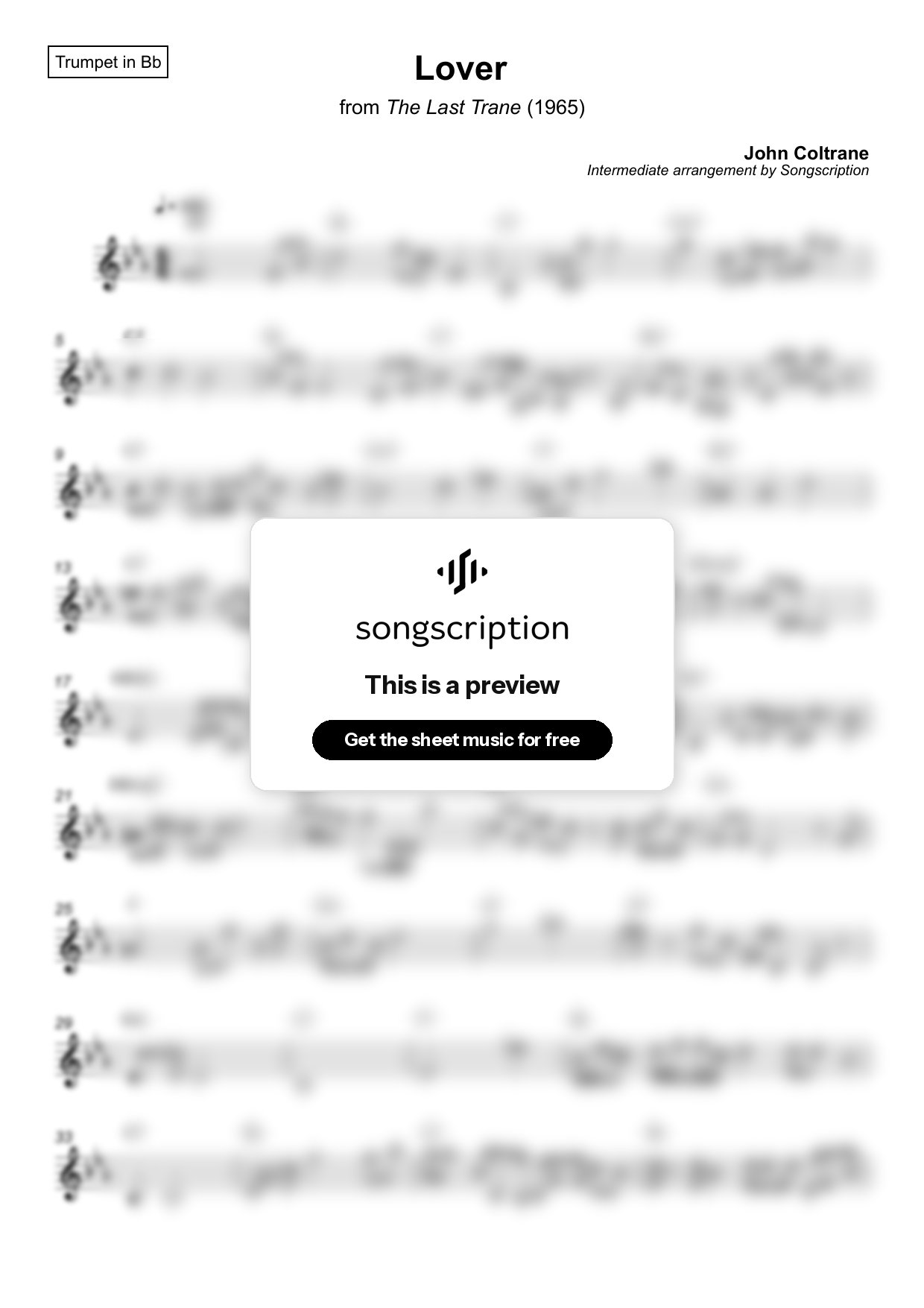 Intermediate Trumpet Sheet Music for "Lover" by John Coltrane
