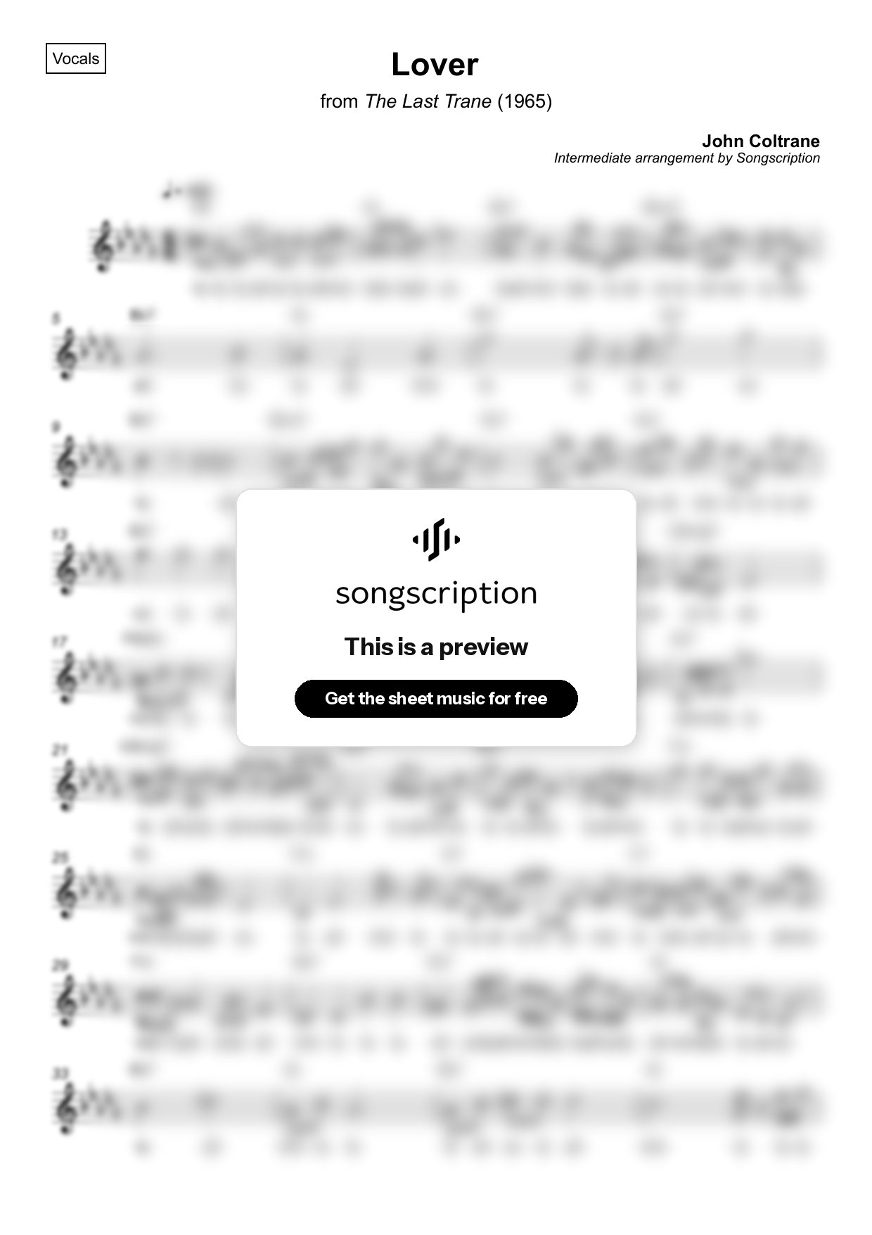 Intermediate Vocals Sheet Music for "Lover" by John Coltrane