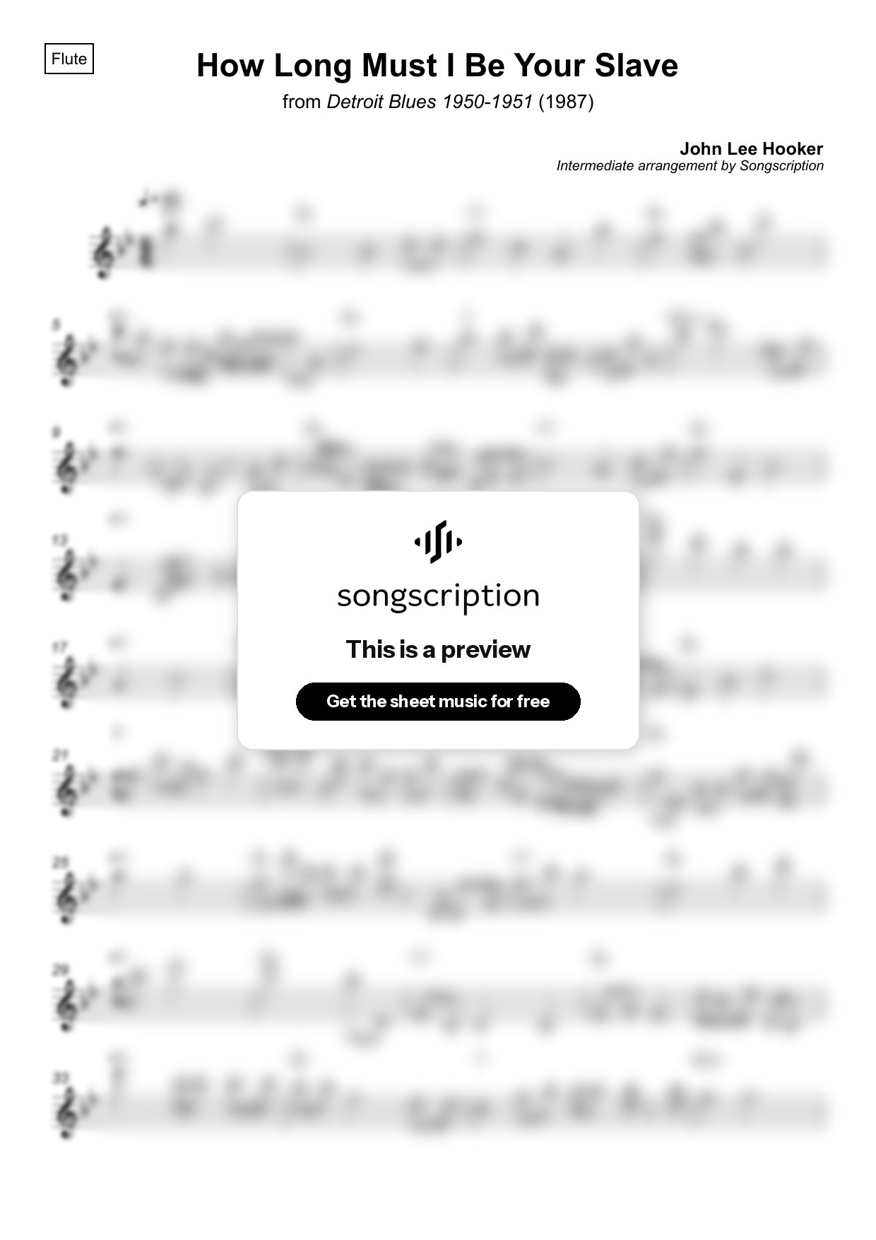 Intermediate Flute Sheet Music for "How Long Must I Be Your Slave" by John Lee Hooker