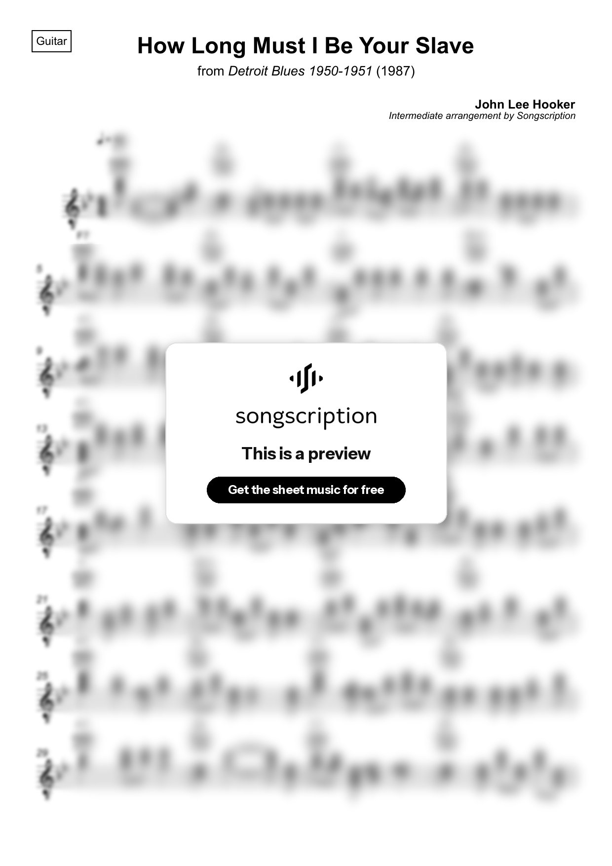 Intermediate Acoustic Guitar Sheet Music for "How Long Must I Be Your Slave" by John Lee Hooker